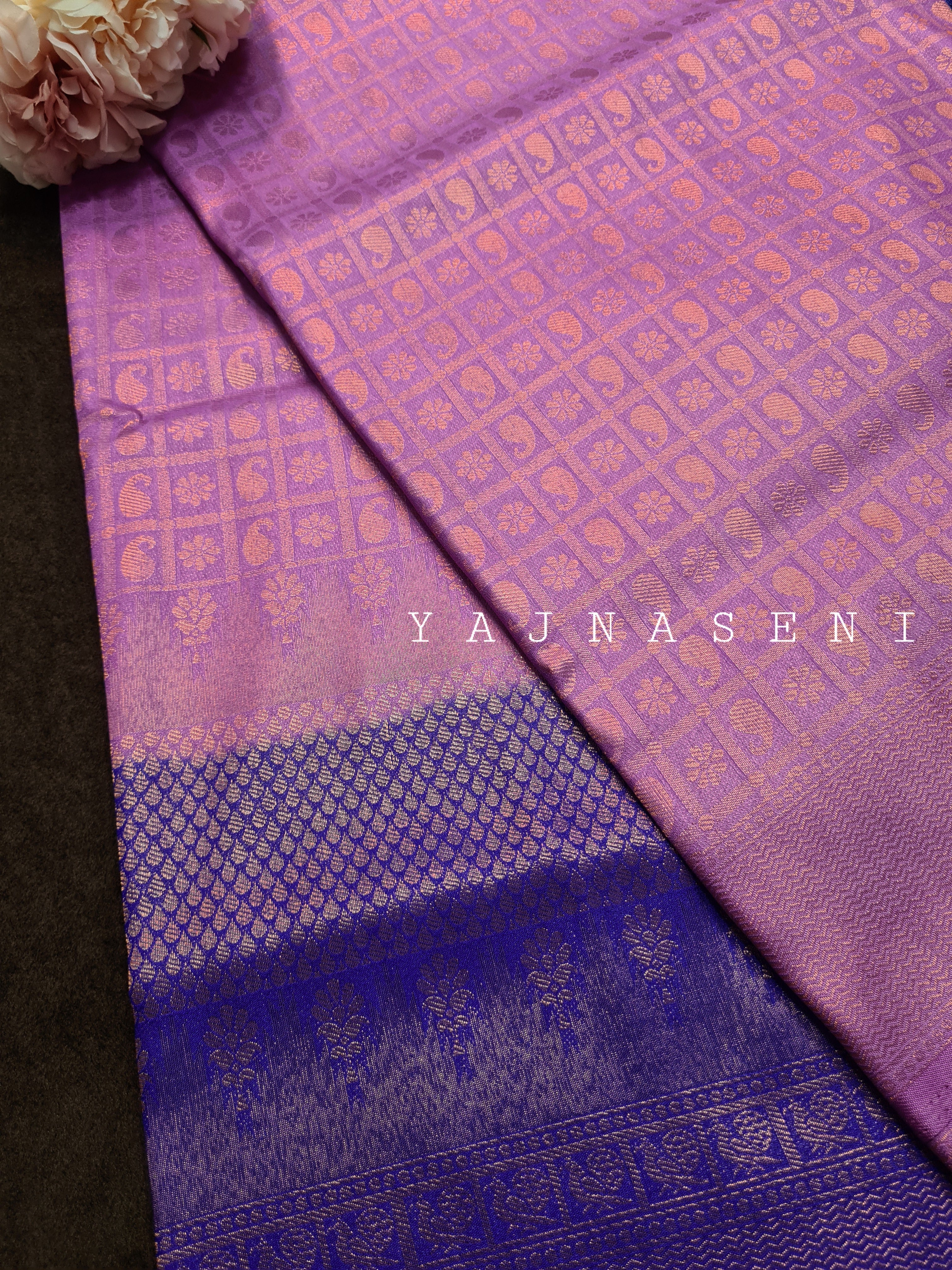 Banarasi Soft Silk Copper Zari Saree - Grape x Persian Blue