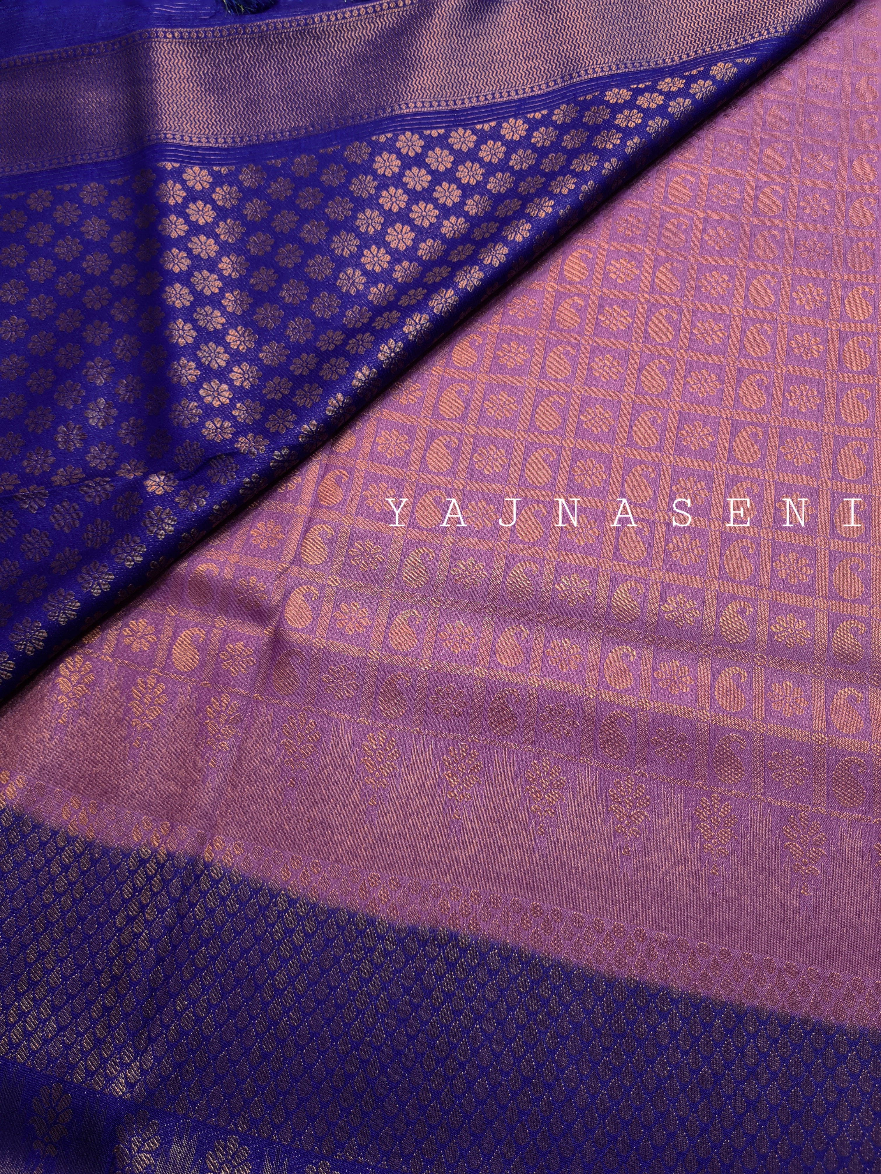 Banarasi Soft Silk Copper Zari Saree - Grape x Persian Blue