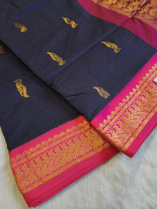 Kalyani Cotton Saree : Navy Blue x Rani x Pink
