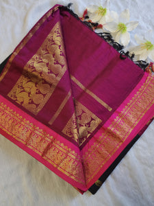 Kalyani Cotton Saree : Navy Blue x Rani x Pink