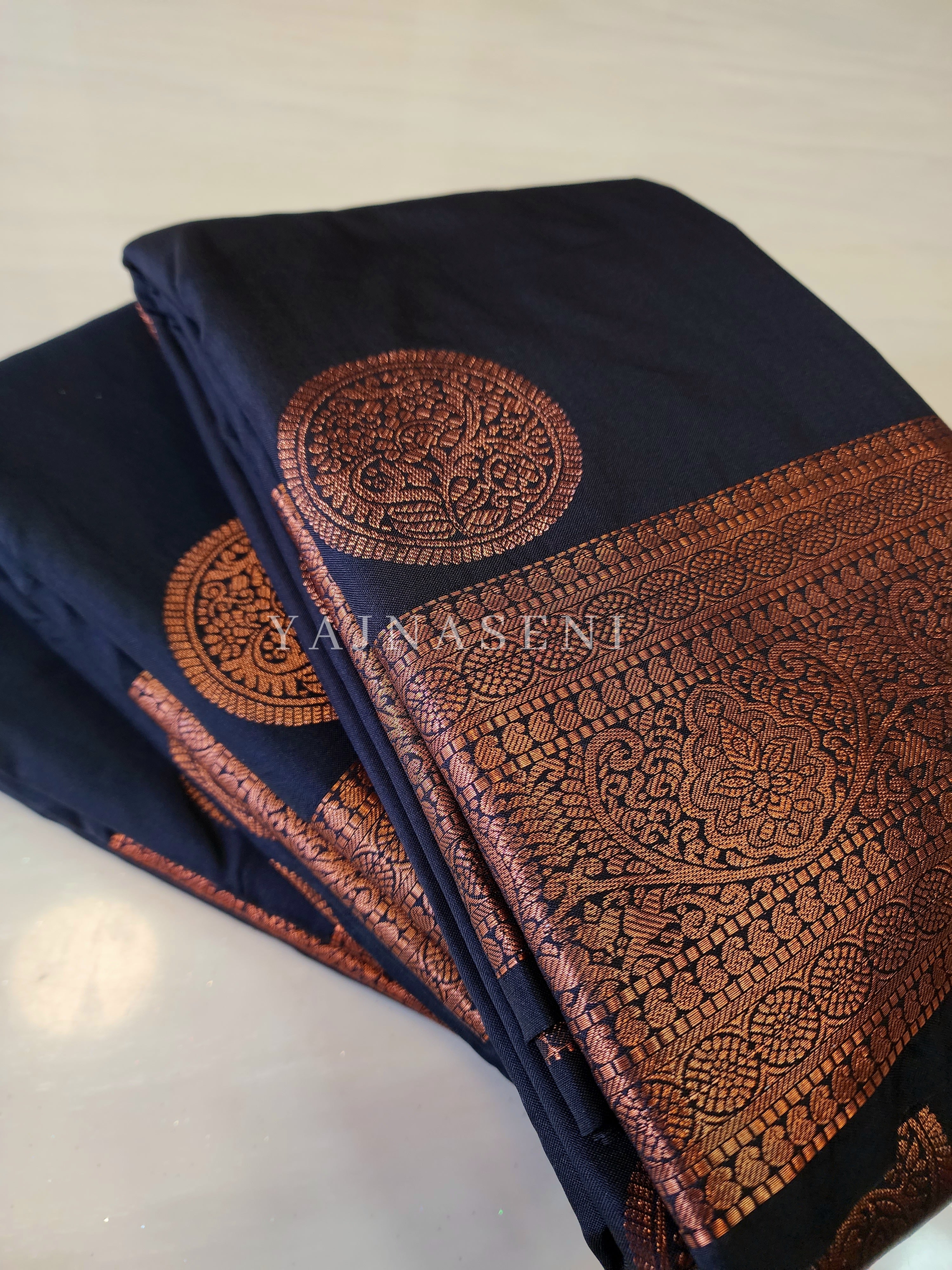 Semi Soft Silk Copper Zari Saree - Black
