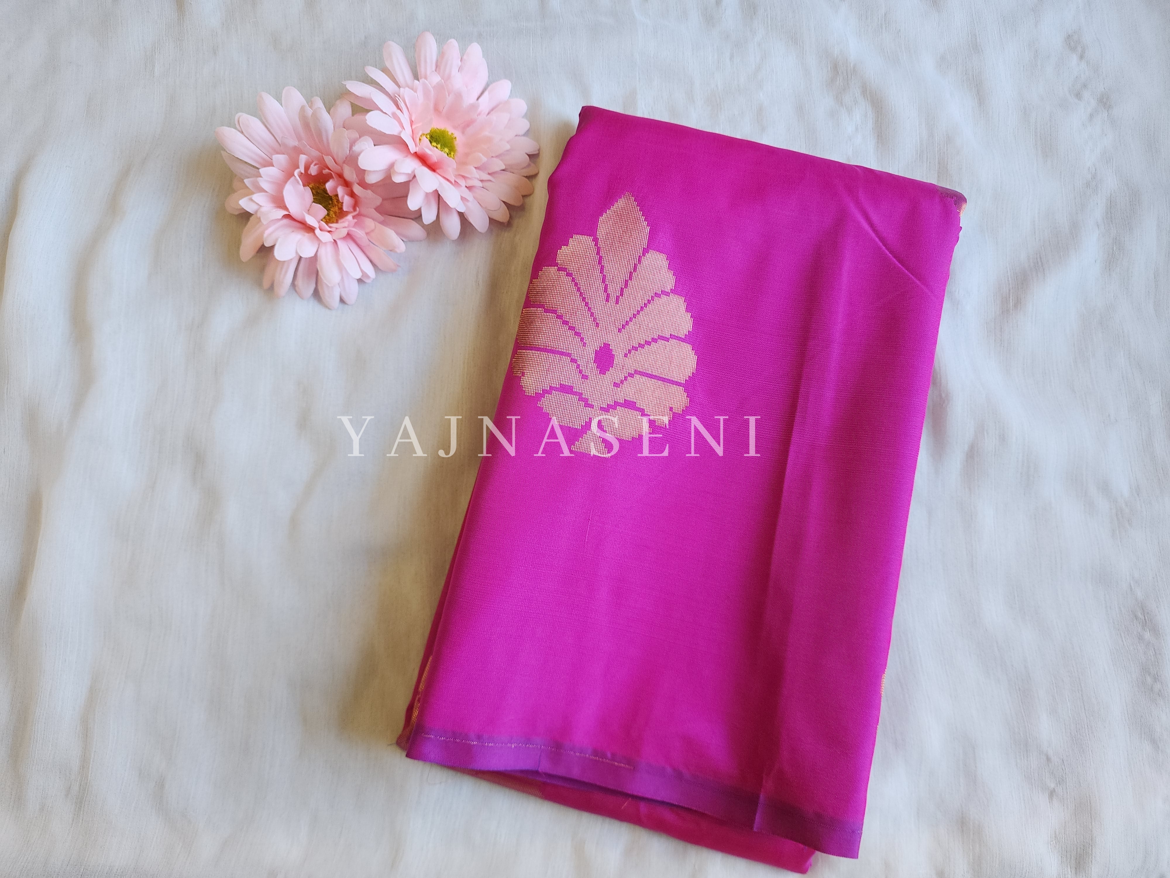 Pure Silk by Cotton Butter Yellow Saree with Dark Pink and Golden Zari –  Silksaga Studio