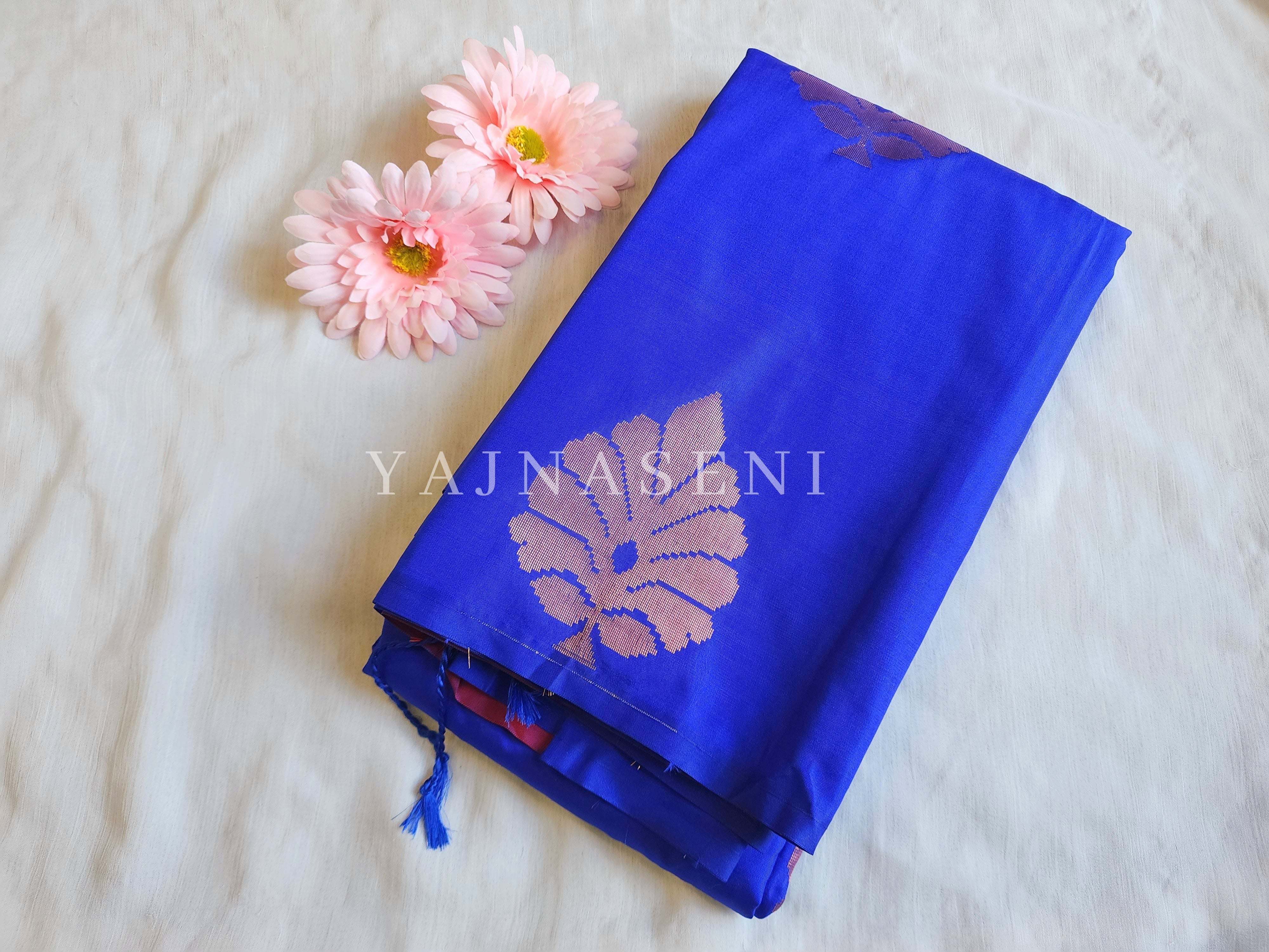 Soft Silk Borderless x Copper Motifs Saree : Blue x Maroon