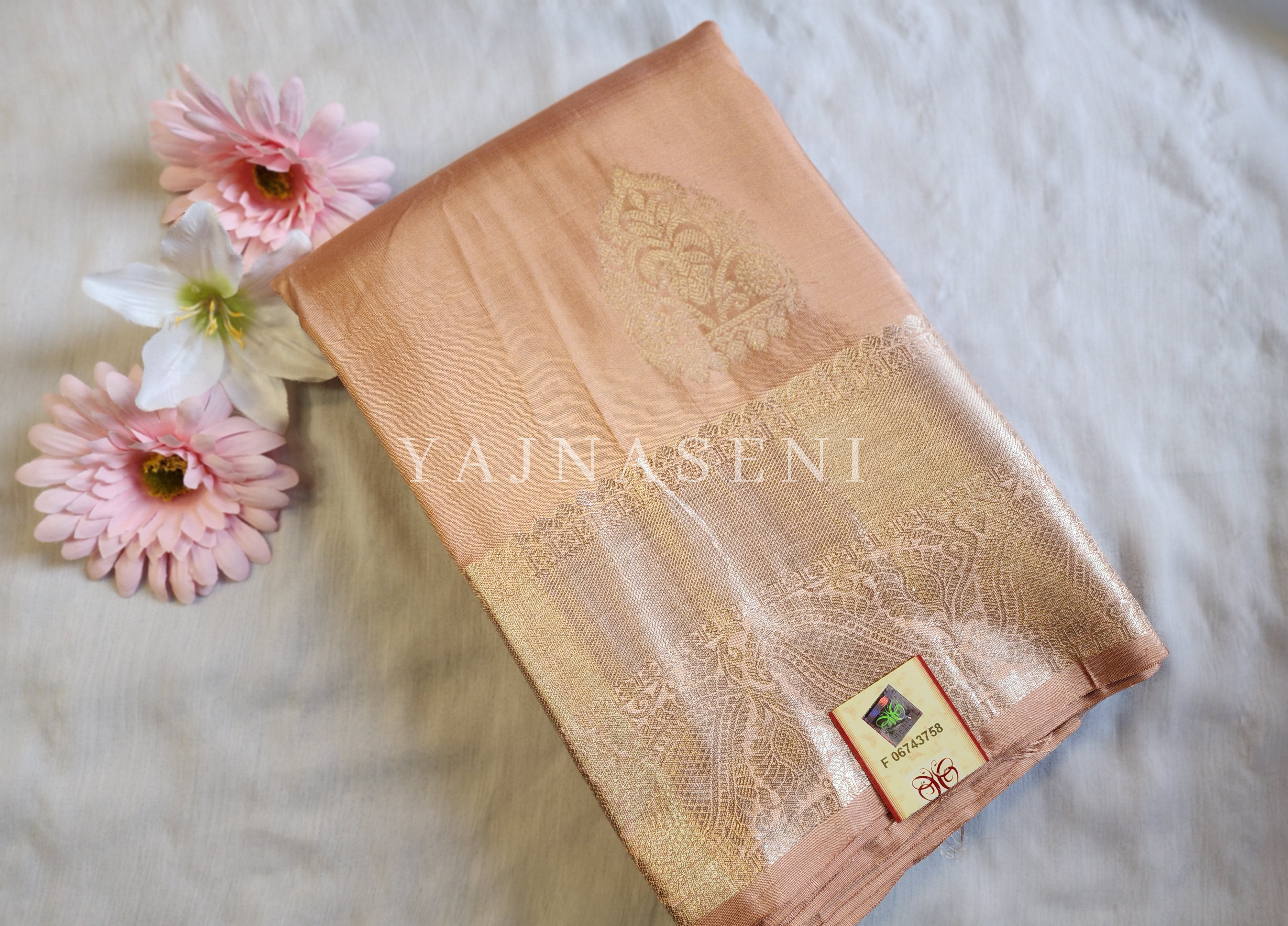 Peachy - Pure Kanjivaram Silk Saree with White Gold Zari