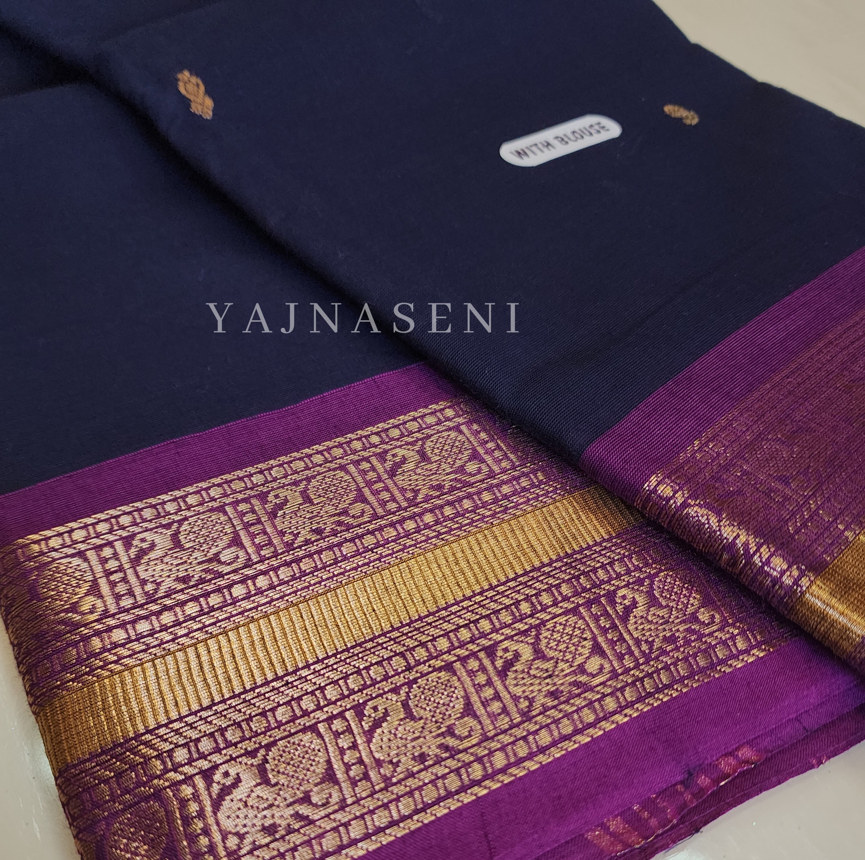 Kanchipuram Pure Cotton saree - Midnight blue x Purple