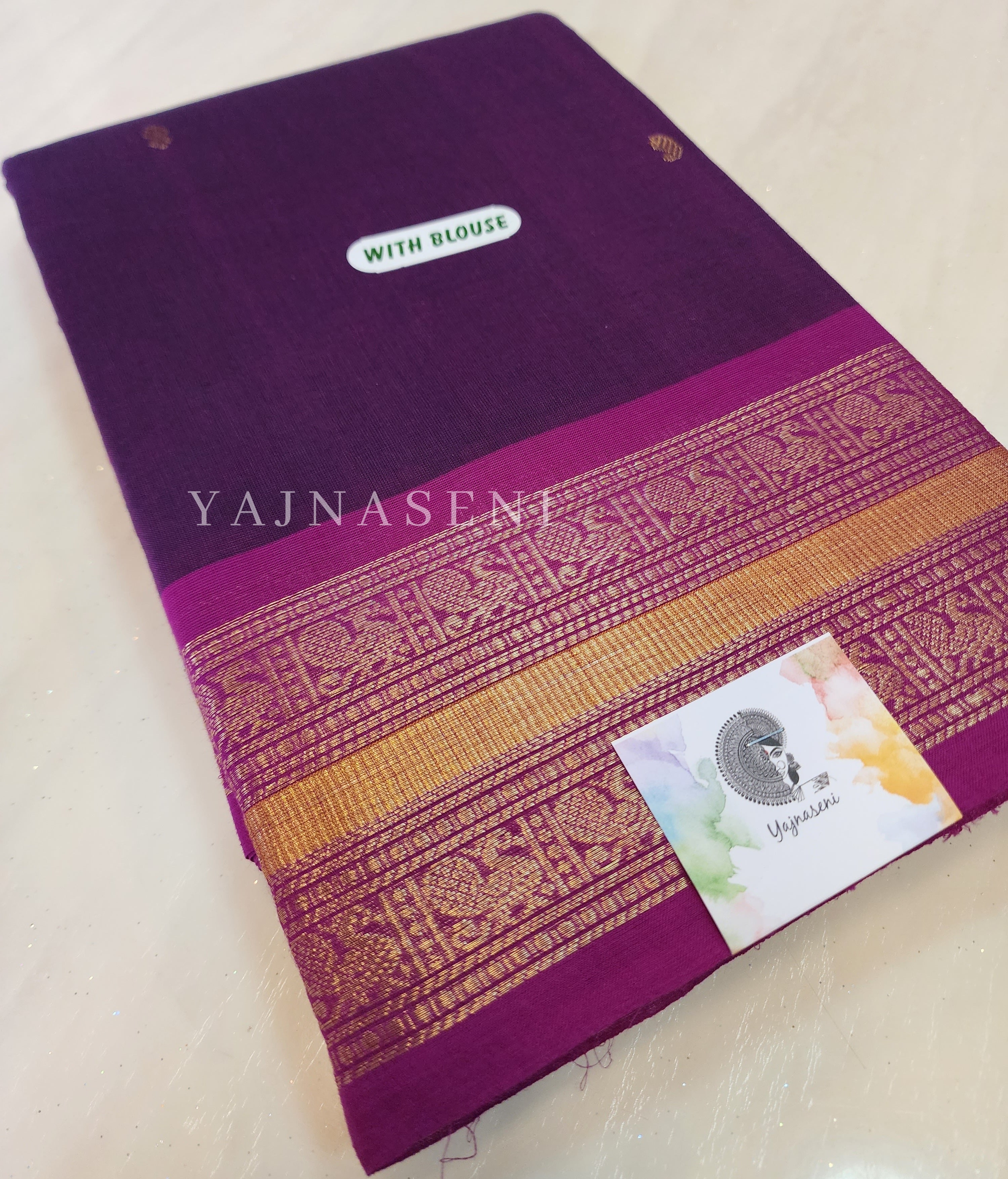 Kanchipuram Pure Cotton saree - Dark purple x Magenta