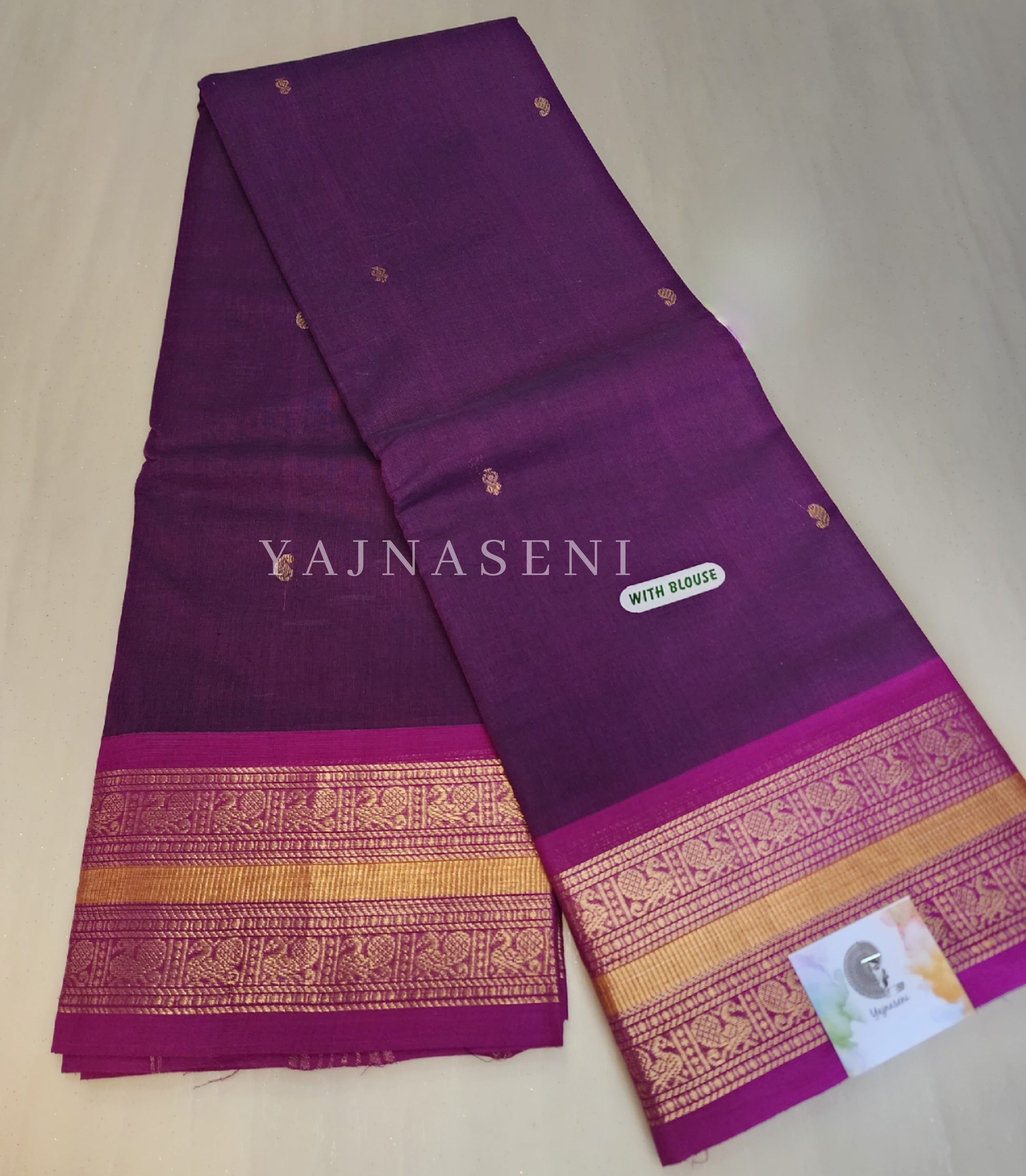 Kanchipuram Pure Cotton saree - Dark purple x Magenta