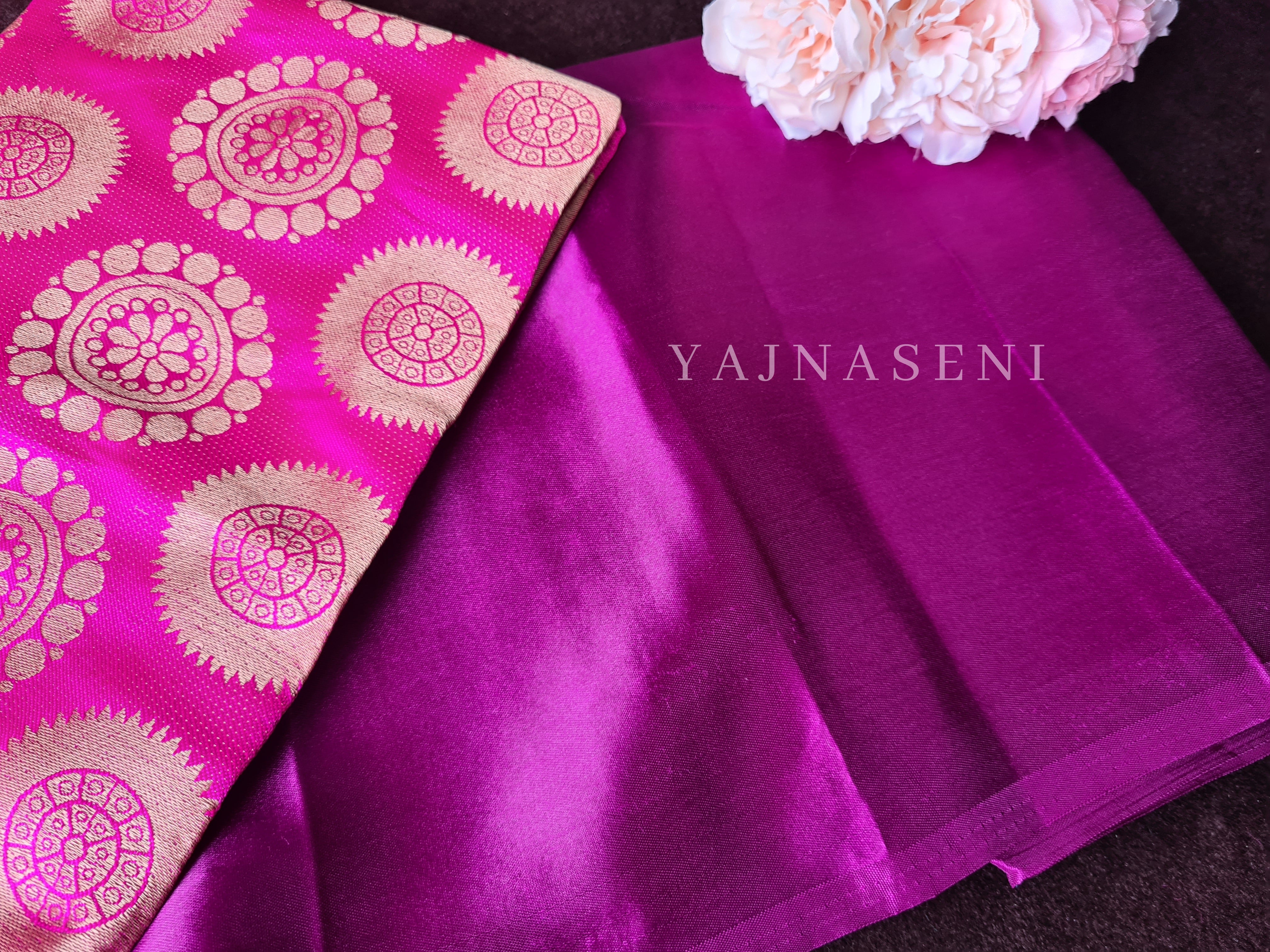 Satin saree + brocade blouse : Purple
