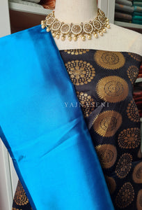 Satin saree + brocade blouse : Cerulean Blue