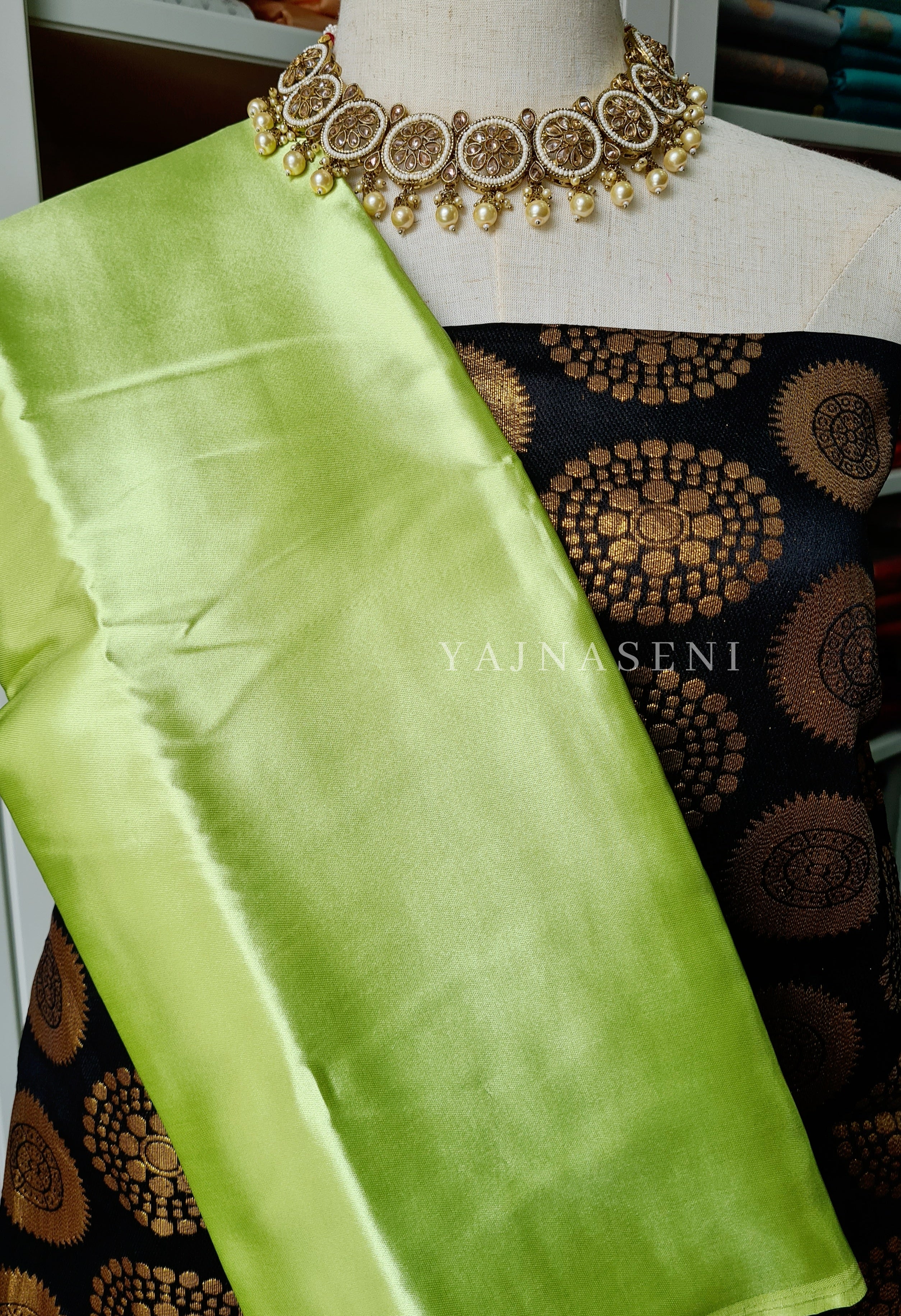 Satin saree + brocade blouse : Lime Green