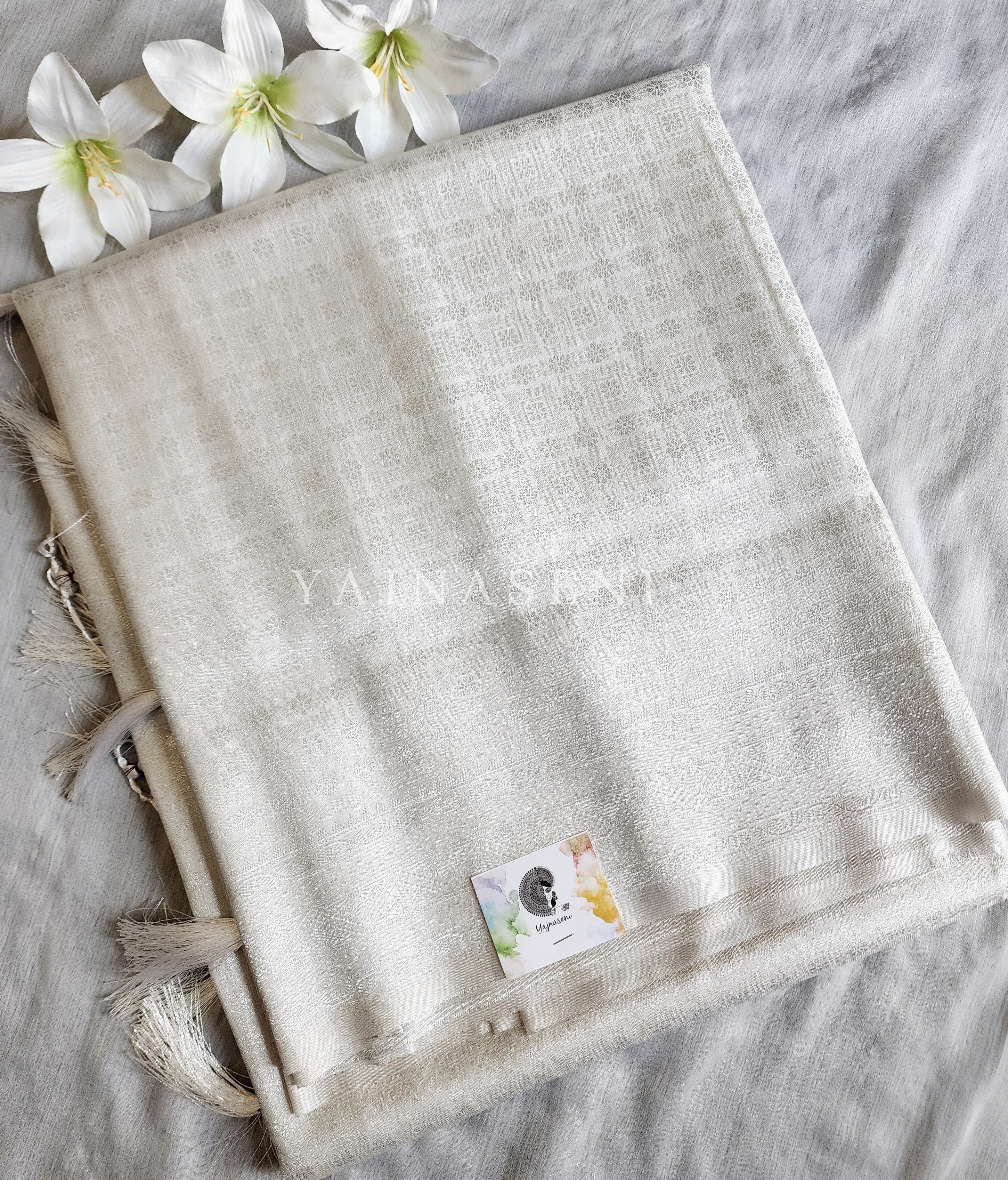 Banarasi Soft Silk Saree - Silver x White