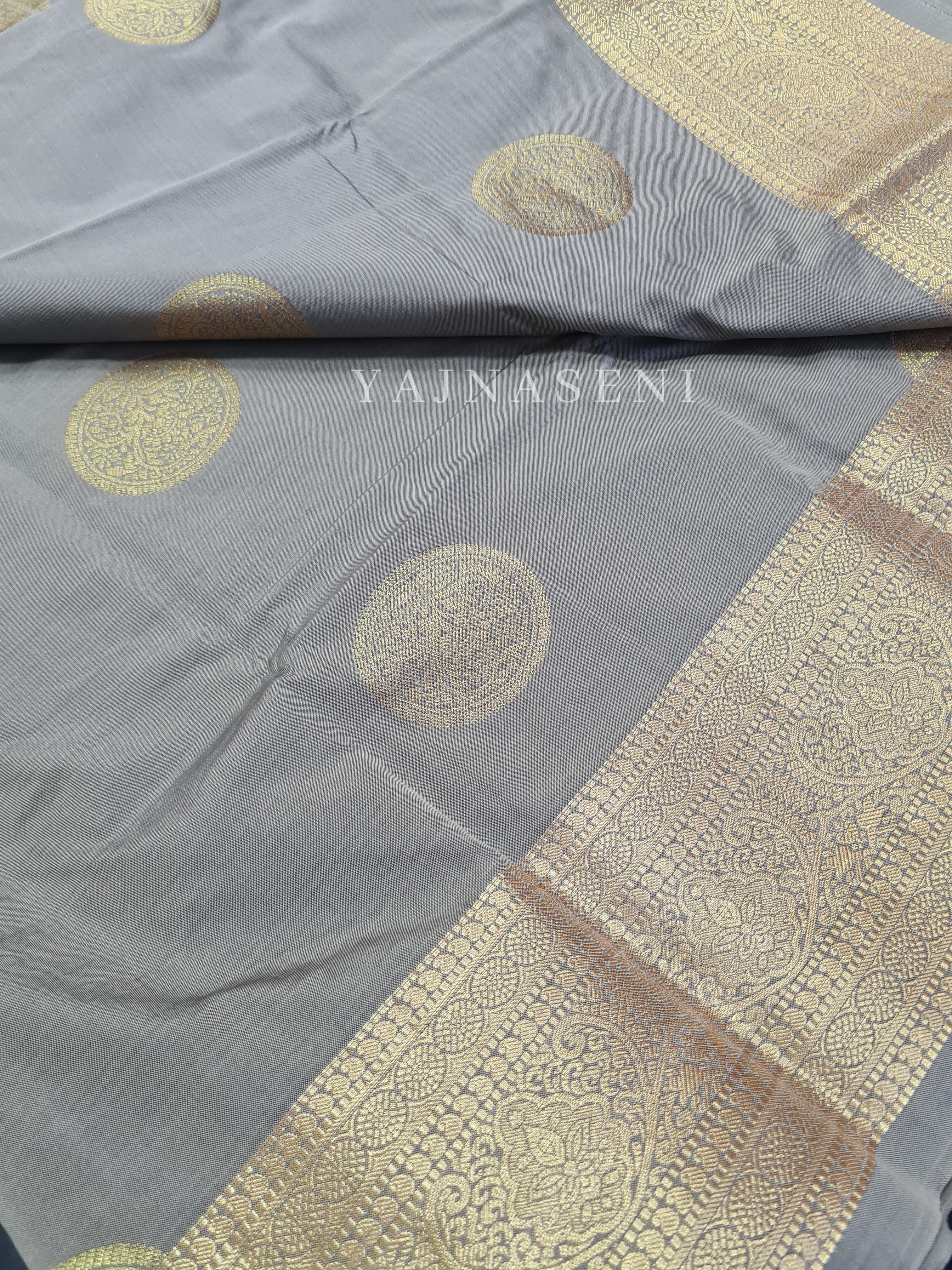 Semi Soft Silk Gold Zari Saree - Ash
