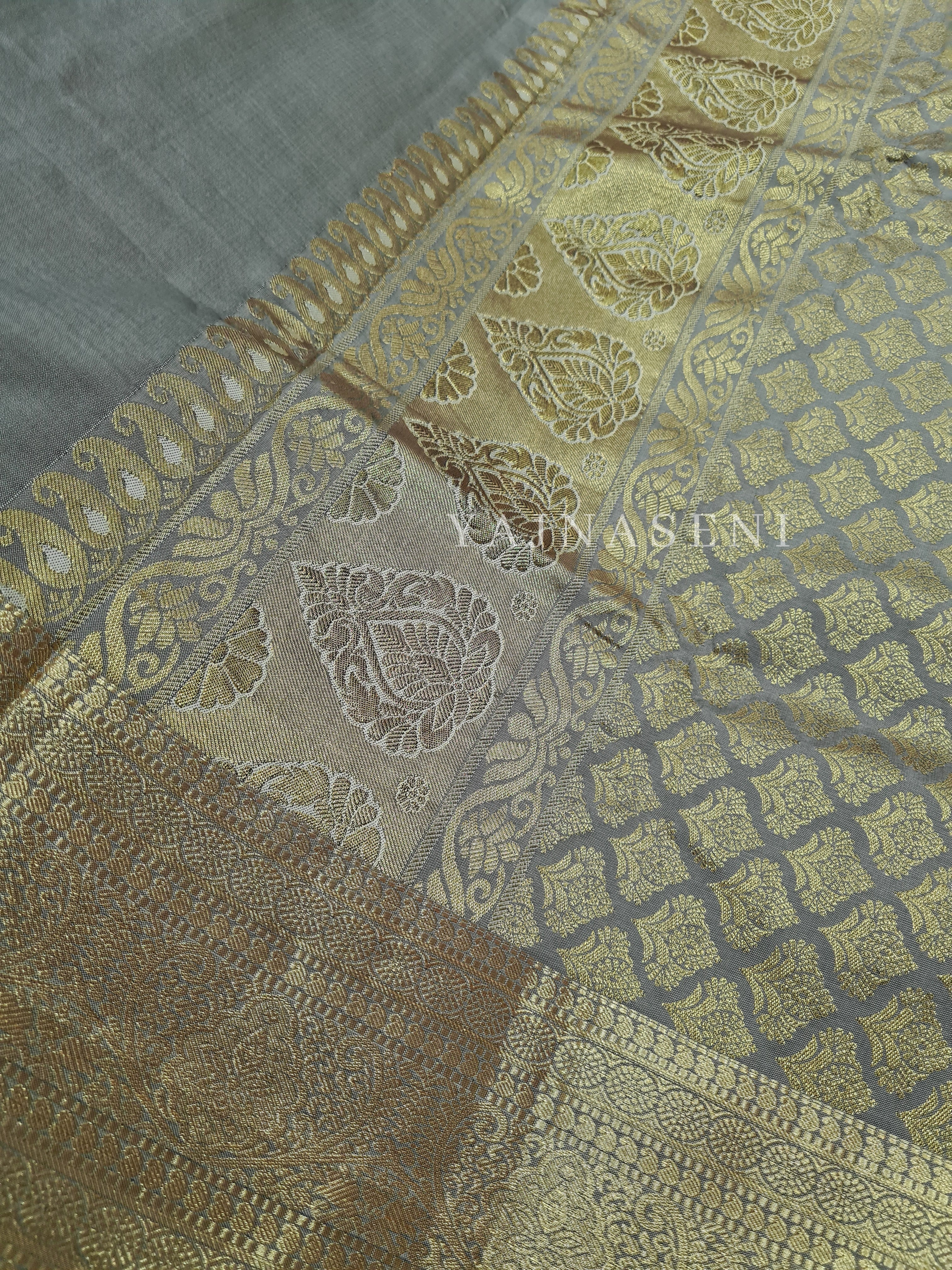 Semi Soft Silk Gold Zari Saree - Ash