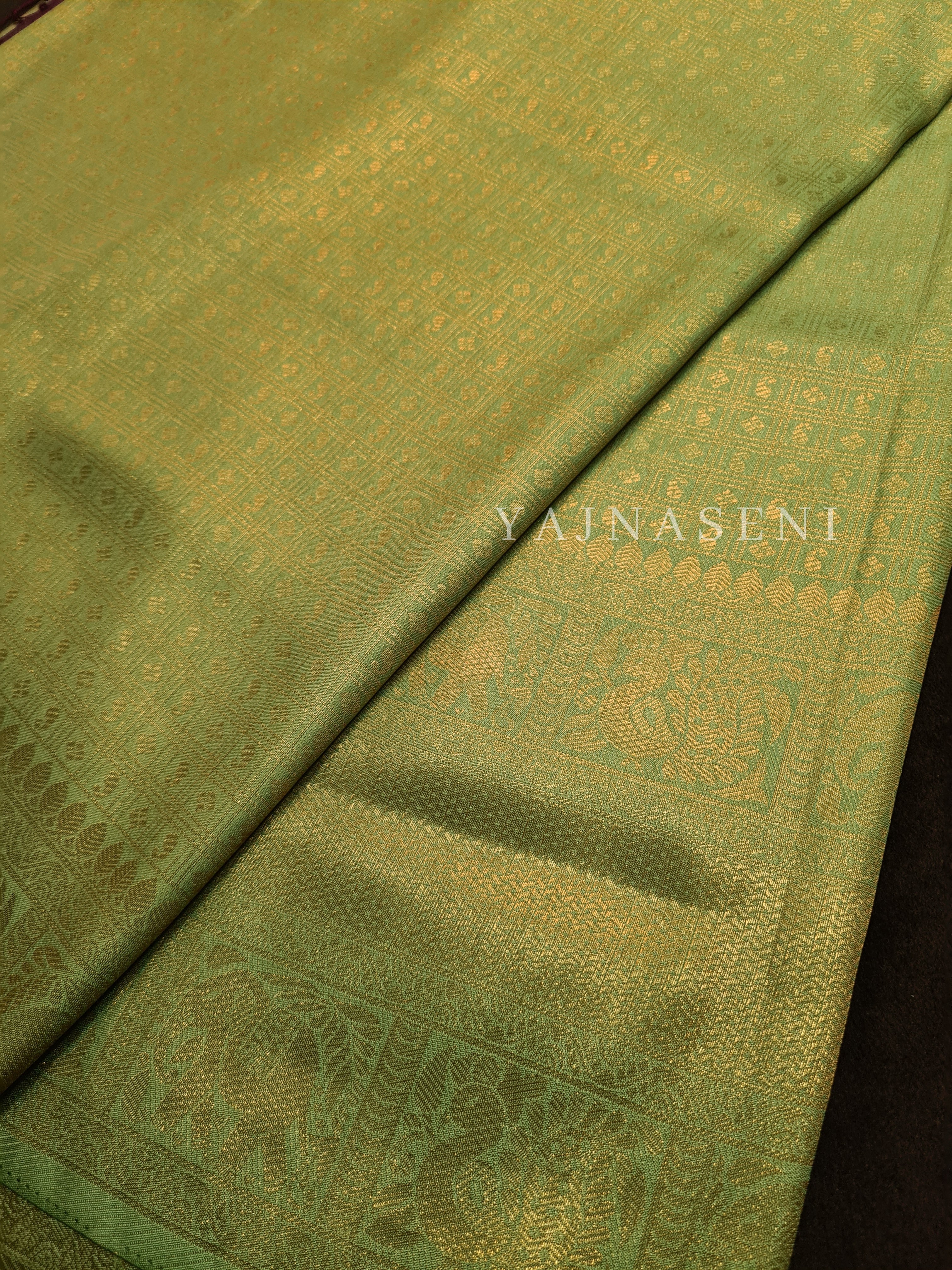 Banarasi Soft Silk Copper Zari Saree - Light Olive x Plum