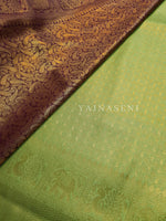 Load image into Gallery viewer, Banarasi Soft Silk Copper Zari Saree - Light Olive x Plum
