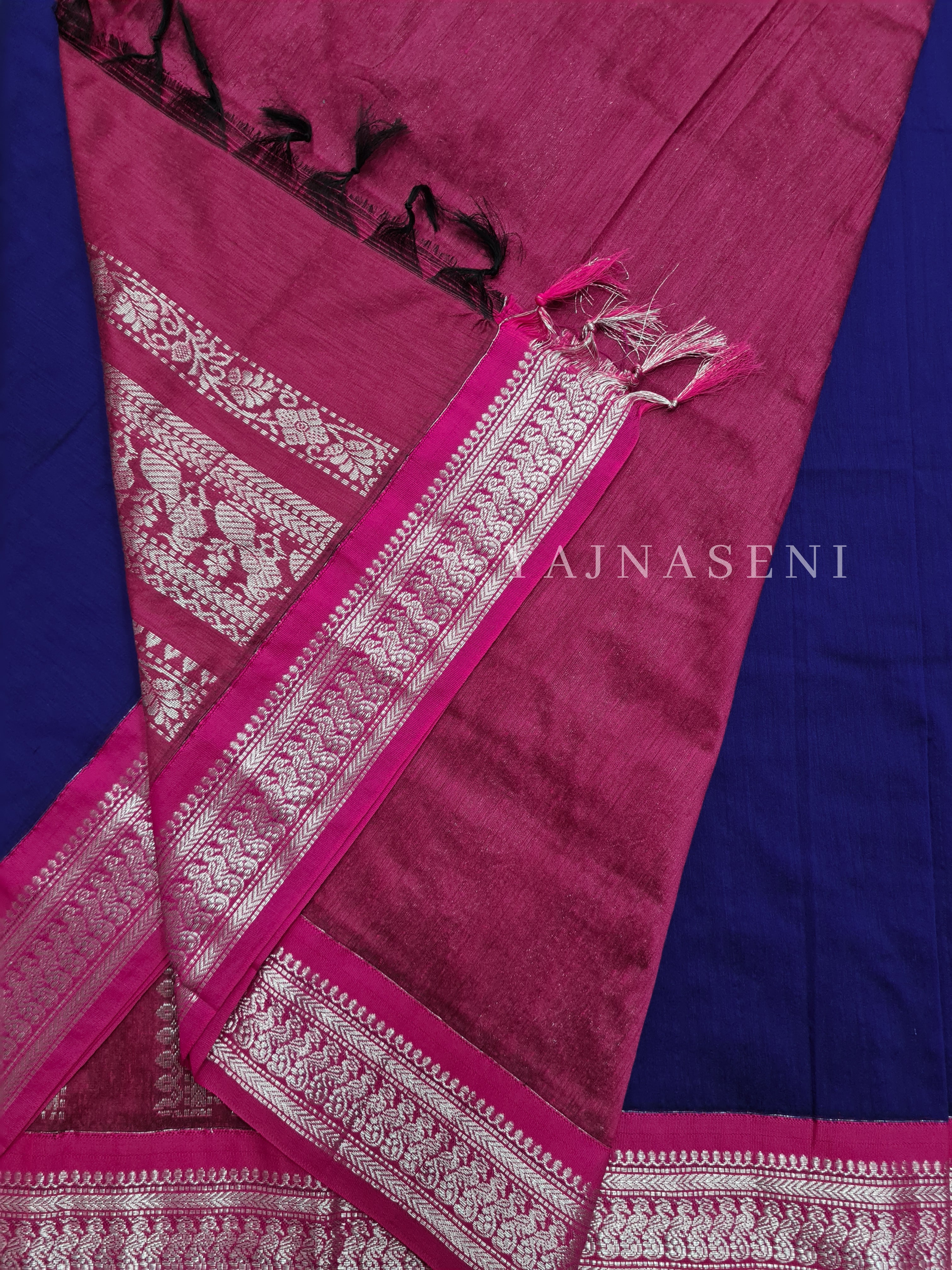 Kalyani Cotton Saree - Silver Zari : Blue x Berry x Pink