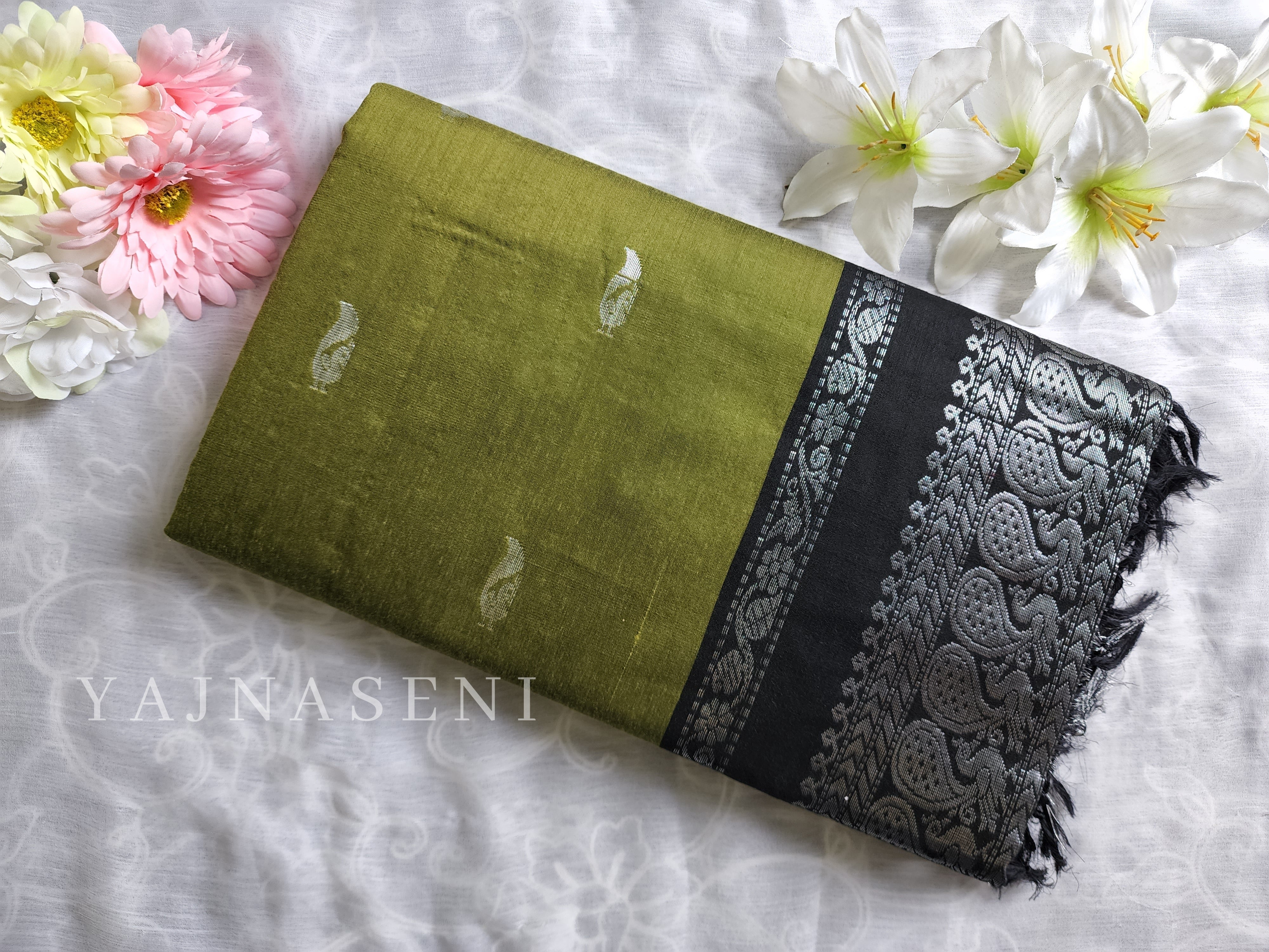 Kalyani Cotton Saree - Silver Zari : Olive x Black