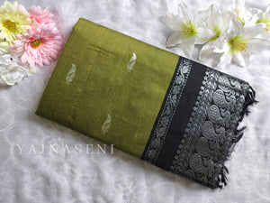 Kalyani Cotton Saree - Silver Zari : Olive x Black
