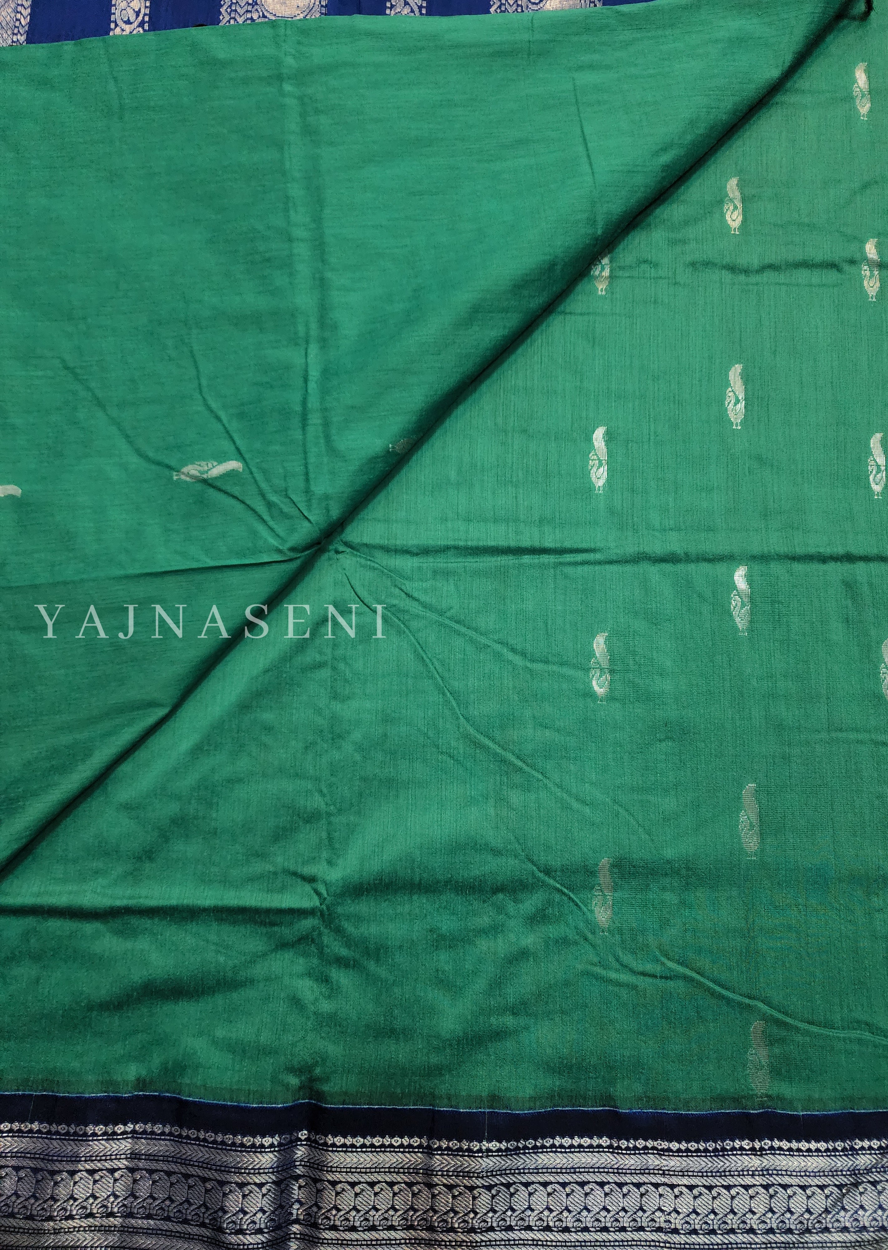 Kalyani Cotton Saree - Silver Zari : Pine x Blue