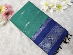 Kalyani Cotton Saree - Silver Zari : Pine x Blue