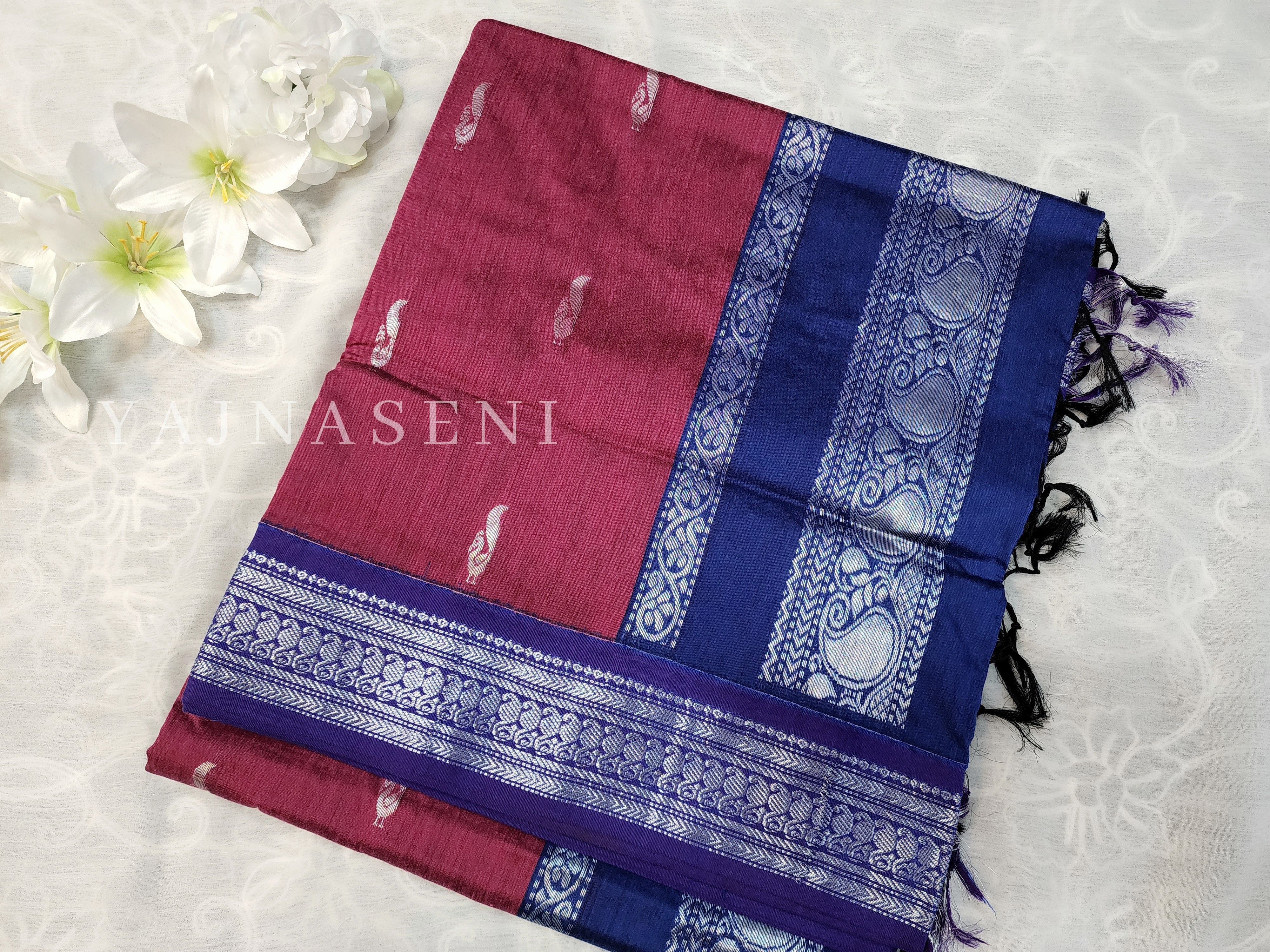Kalyani Cotton Saree - Silver Zari : Berry x Blue x Violet