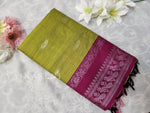 Load image into Gallery viewer, Kalyani Cotton Saree - Silver Zari : Light Olive x Berry x Pink
