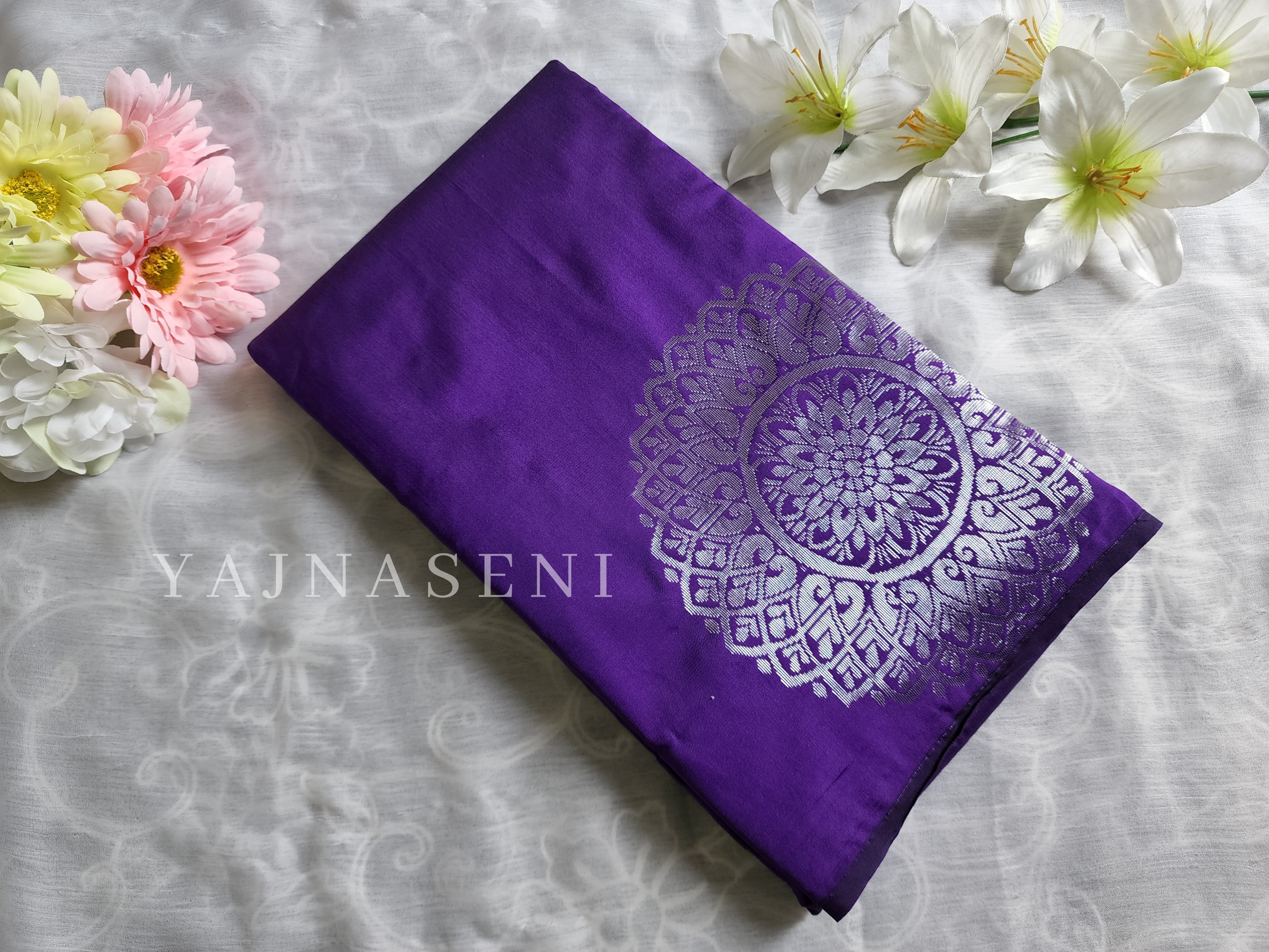 Soft Silk Borderless Silver Mandala Saree - Violet