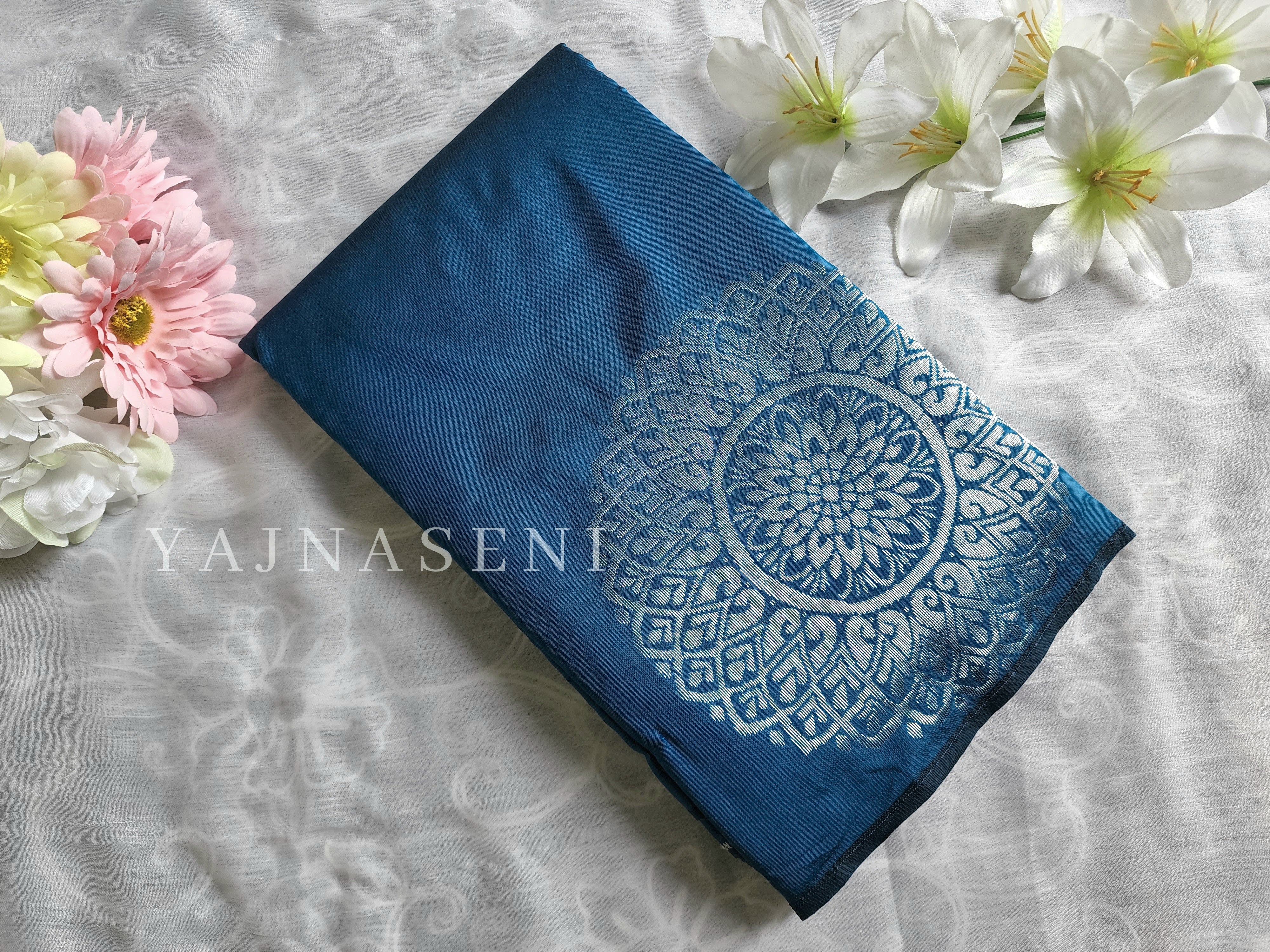 Soft Silk Borderless Silver Mandala Saree - Peacock Blue
