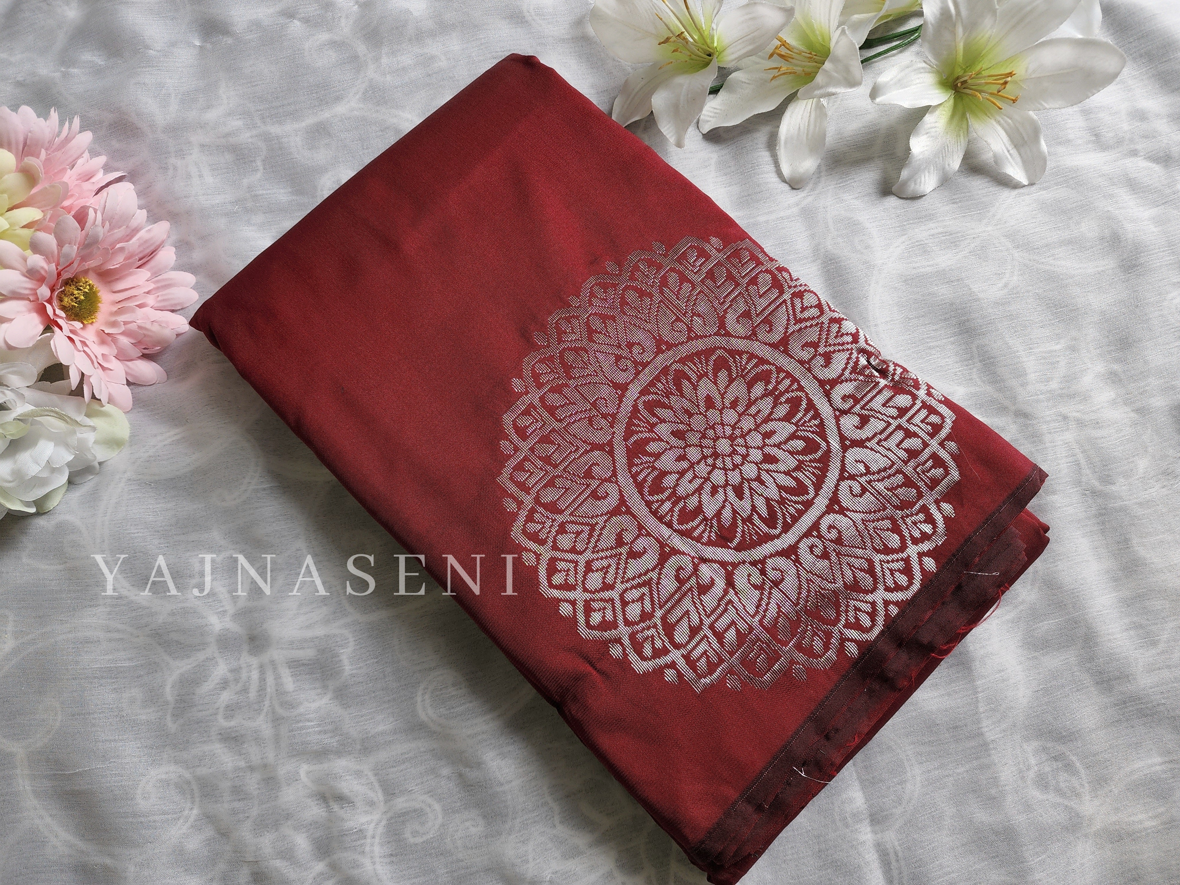 Soft Silk Borderless Silver Mandala Saree - Deep Red