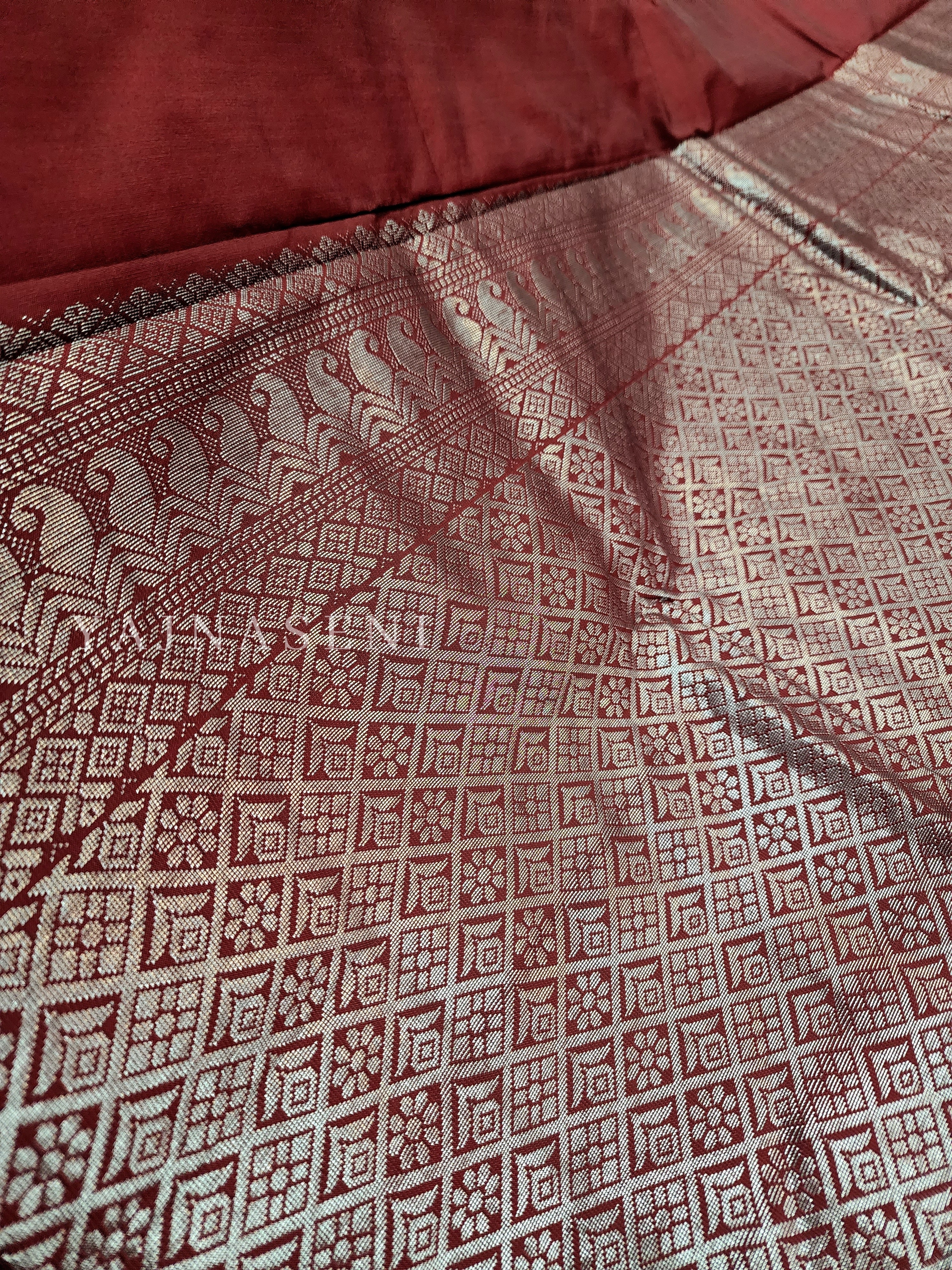 Soft Silk Borderless Silver Mandala Saree - Deep Red