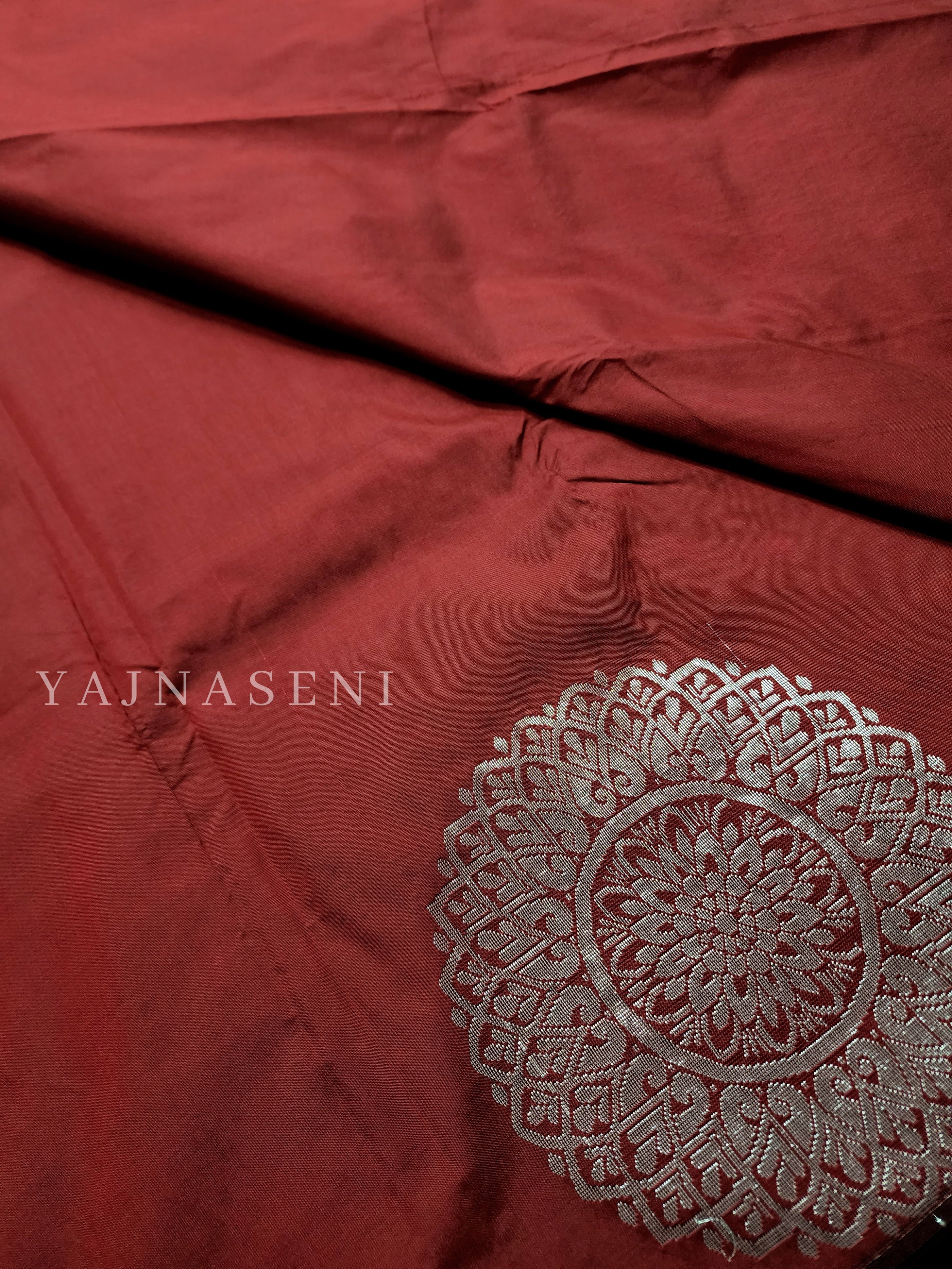 Soft Silk Borderless Silver Mandala Saree - Deep Red