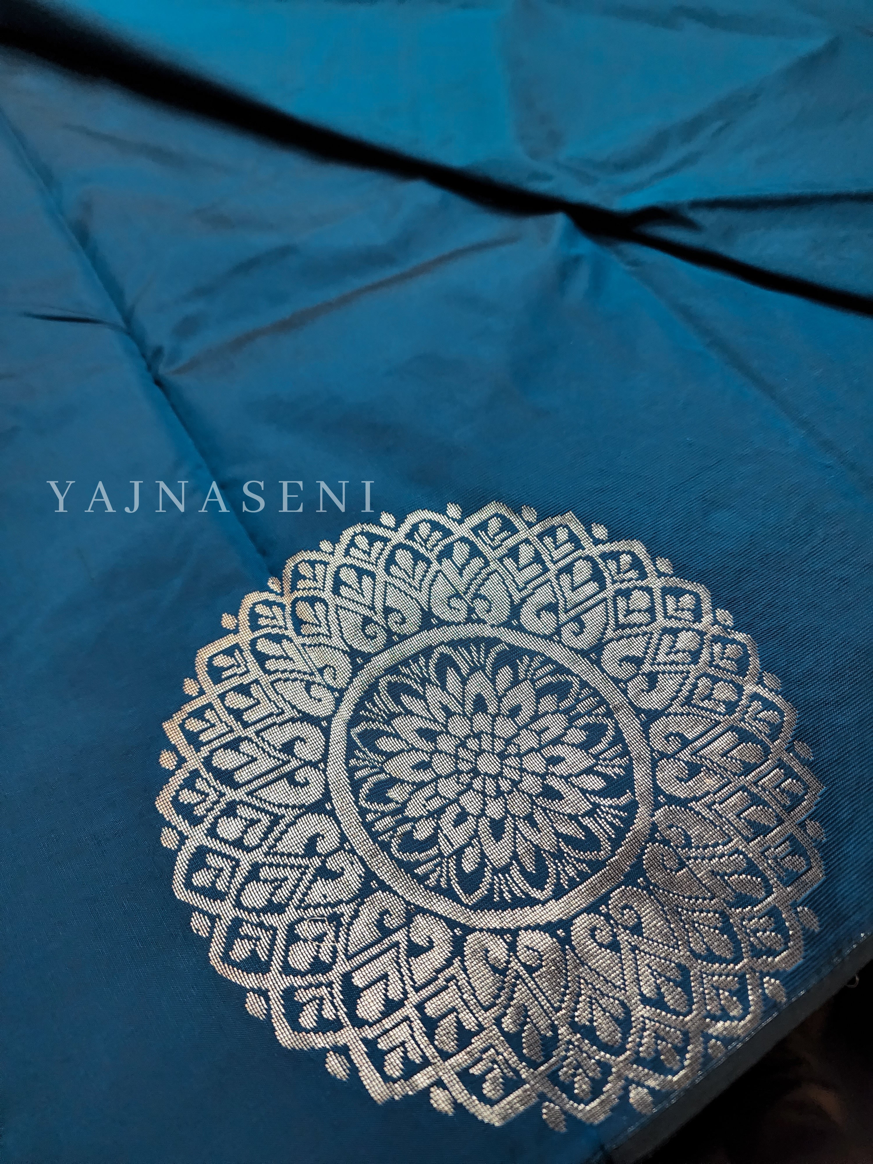 Soft Silk Borderless Silver Mandala Saree - Peacock Blue