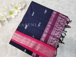 Load image into Gallery viewer, Kalyani Cotton Saree - Silver Zari : Midnight Blue x Plum x Pink
