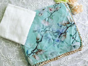 Floral georgette saree x Pearl border : Turquoise