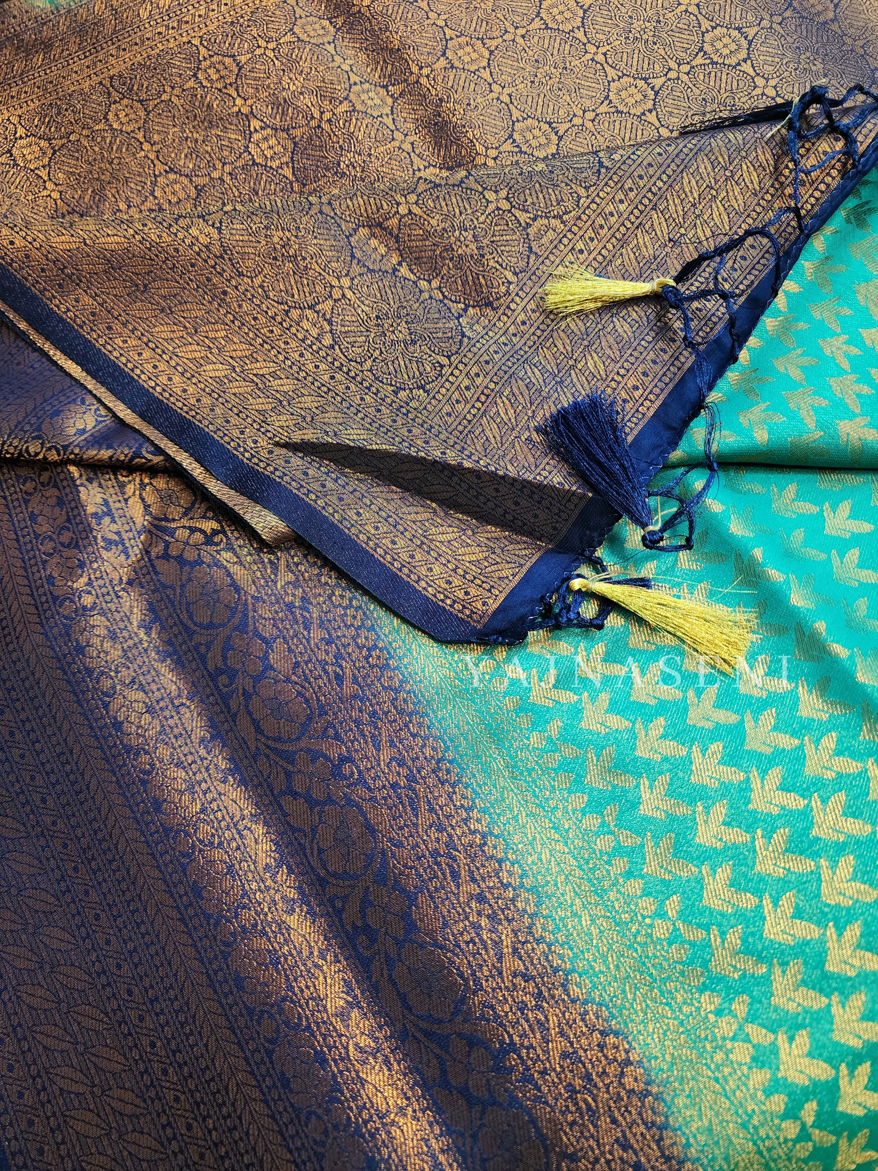 Soft Silk Copper Zari Saree - Pine x Blue (brocade , leaf)