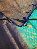 Load image into Gallery viewer, Soft Silk Copper Zari Saree - Pine x Blue (brocade , leaf)
