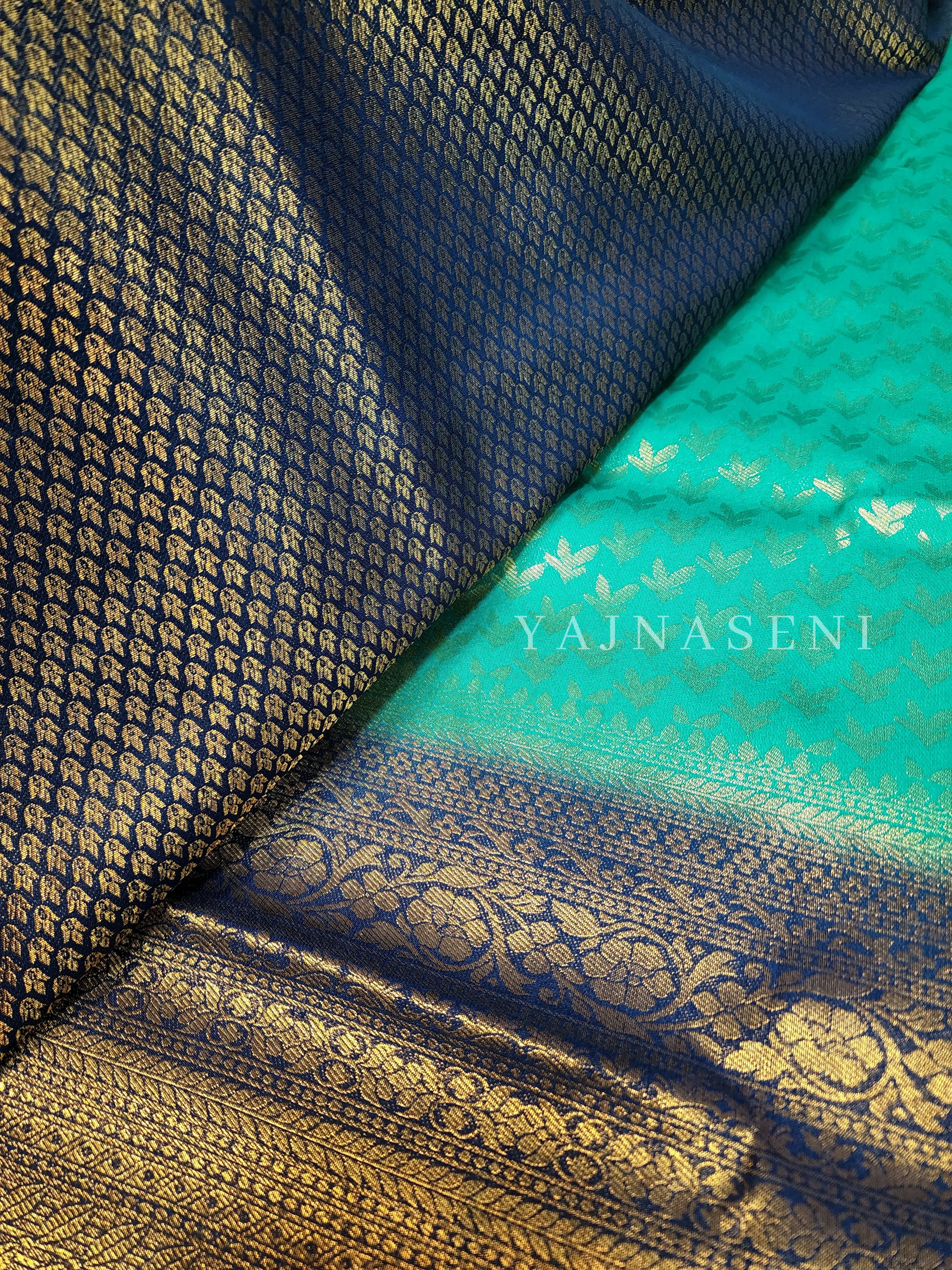 Soft Silk Copper Zari Saree - Pine x Blue (brocade , leaf)