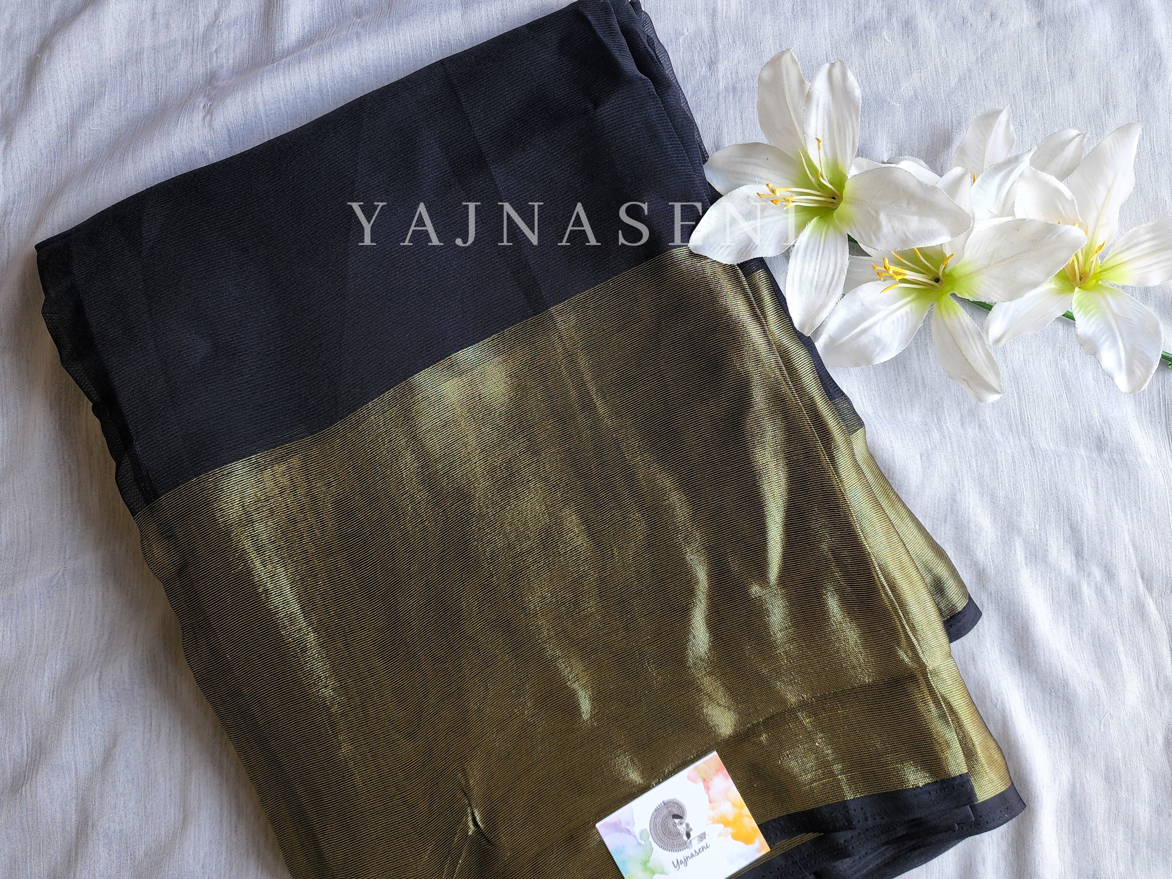 Chiffon saree x Gold border : Black