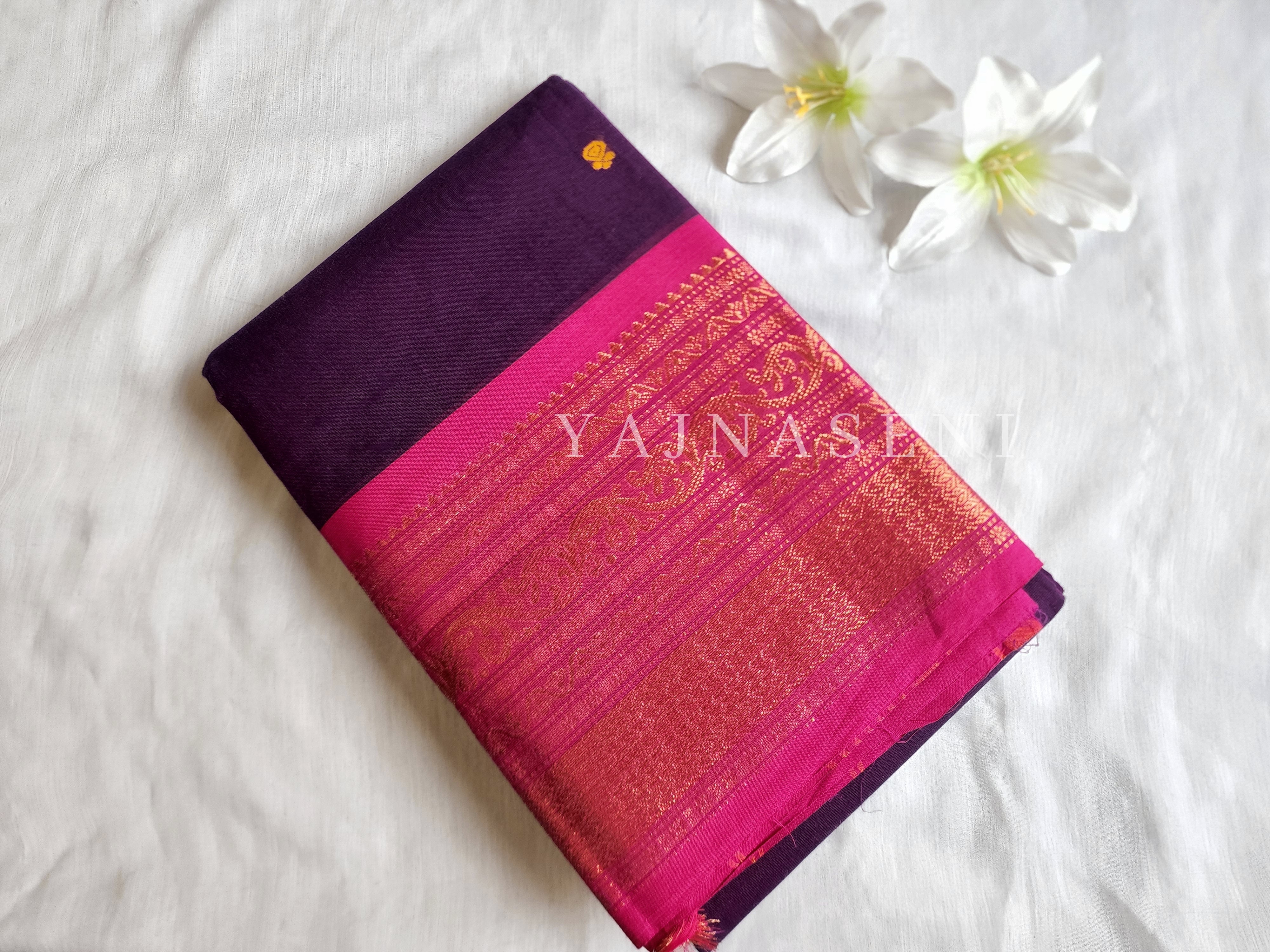 Kanchipuram Pure Cotton saree - Dark purple x Pink