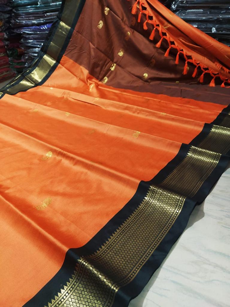 Cotton Silk Saree - Orange x Black