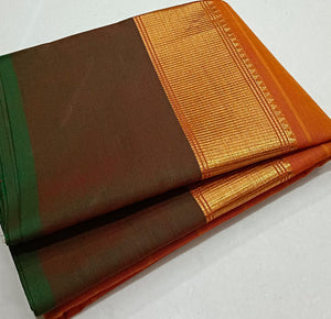 Minimalist Cotton Saree , Temple border Series : Orange x Green