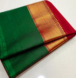 Load image into Gallery viewer, Minimalist Cotton Saree , Temple border Series : Dark Red x Green
