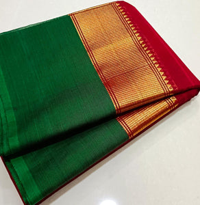 Minimalist Cotton Saree , Temple border Series : Dark Red x Green