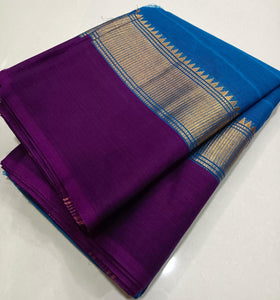 Minimalist Cotton Saree , Temple border Series : Blue x Purple