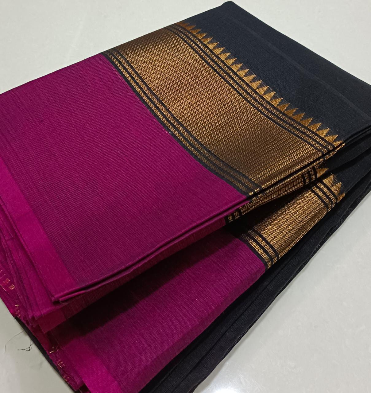 Minimalist Cotton Saree , Temple border Series : Black x Purple