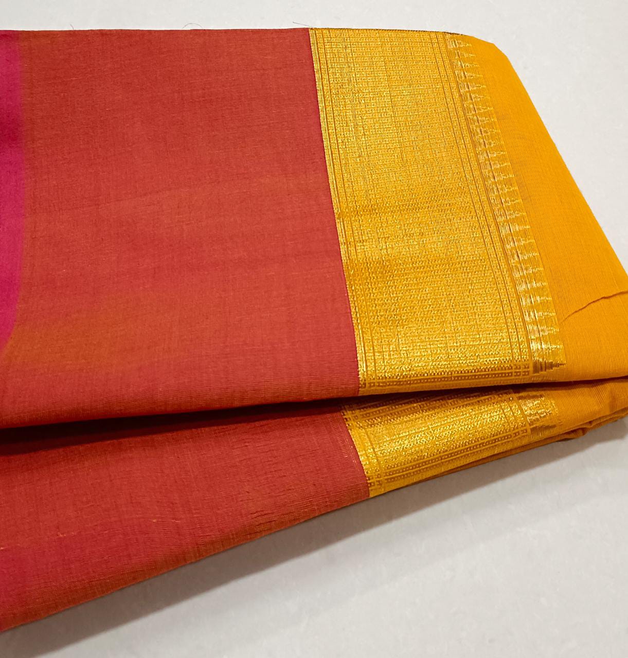 Minimalist Cotton Saree , Temple border Series : Mango x Orange-Pink