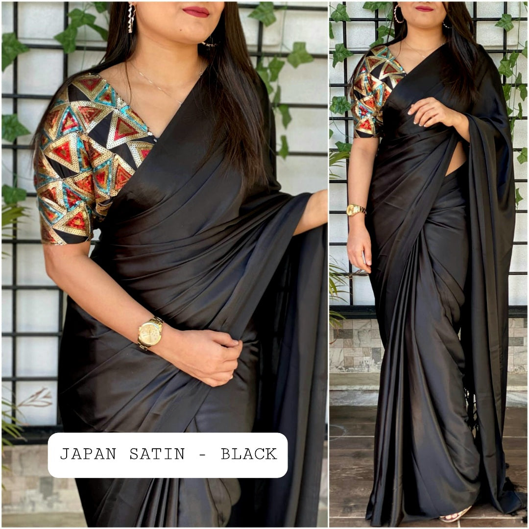 Japan Satin Silk Saree - Black