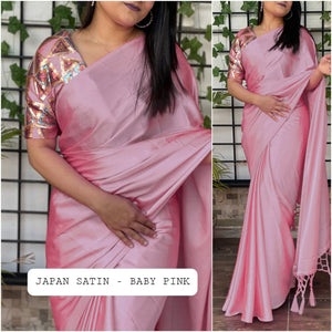 Japan Satin Silk Saree - Baby Pink