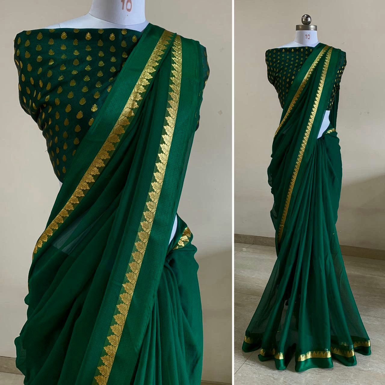 Minimalist Chiffon saree + Linden blouse : Emerald