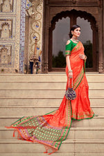 Load image into Gallery viewer, Soft Silk Saree - Coral x Green
